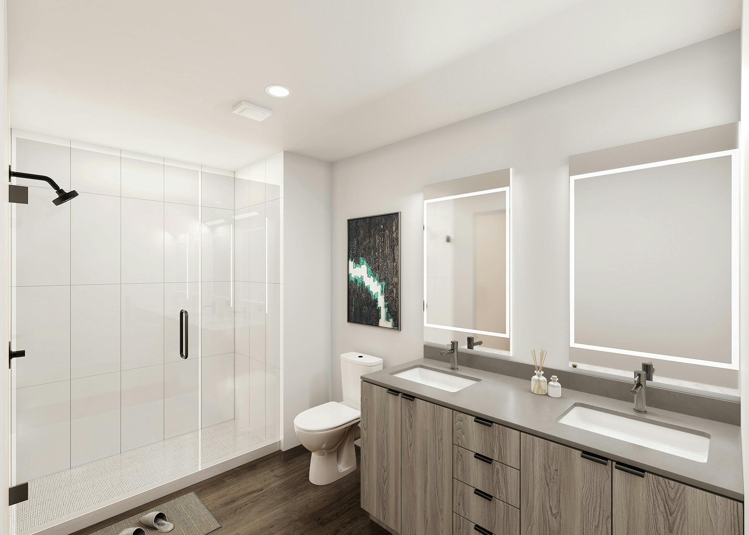Rendering of modern bathroom at AMLI Redmond Way apartments with glass enclosed shower with white tile surround and gray double vanity