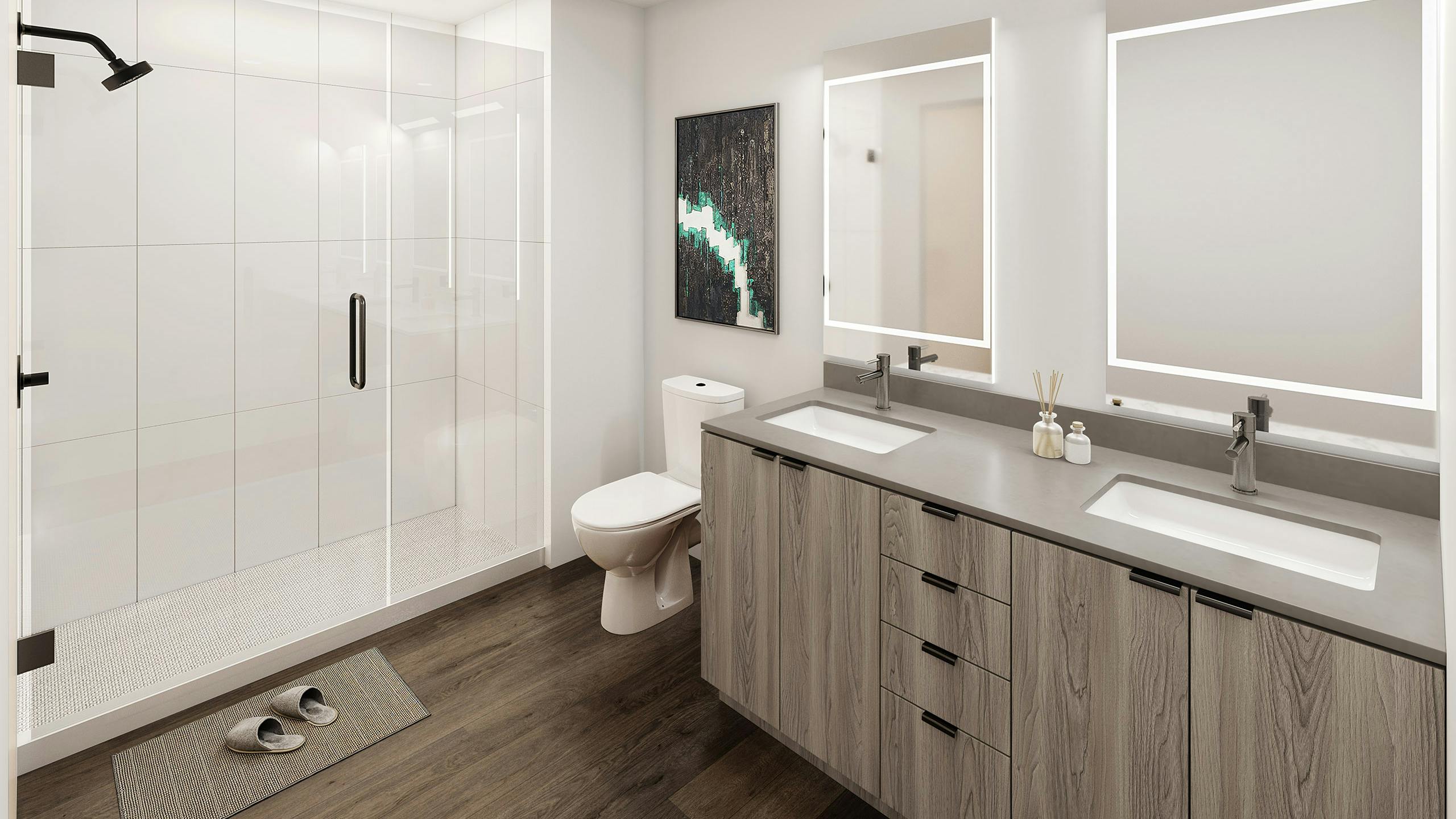 Rendering of modern bathroom at AMLI Redmond Way apartments with glass enclosed shower with white tile surround and gray double vanity