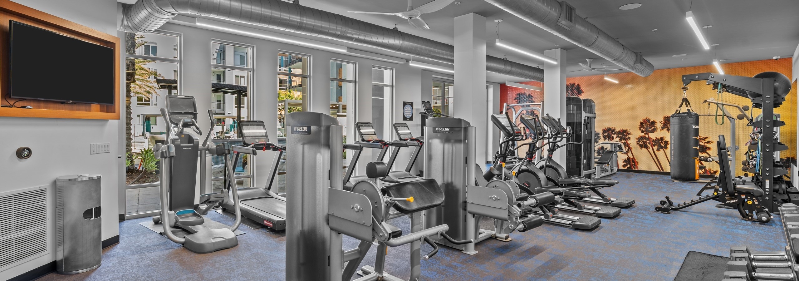 Interior of fitness center at AMLI Uptown Orange apartments with cardio machines, large TV and bright wall mural