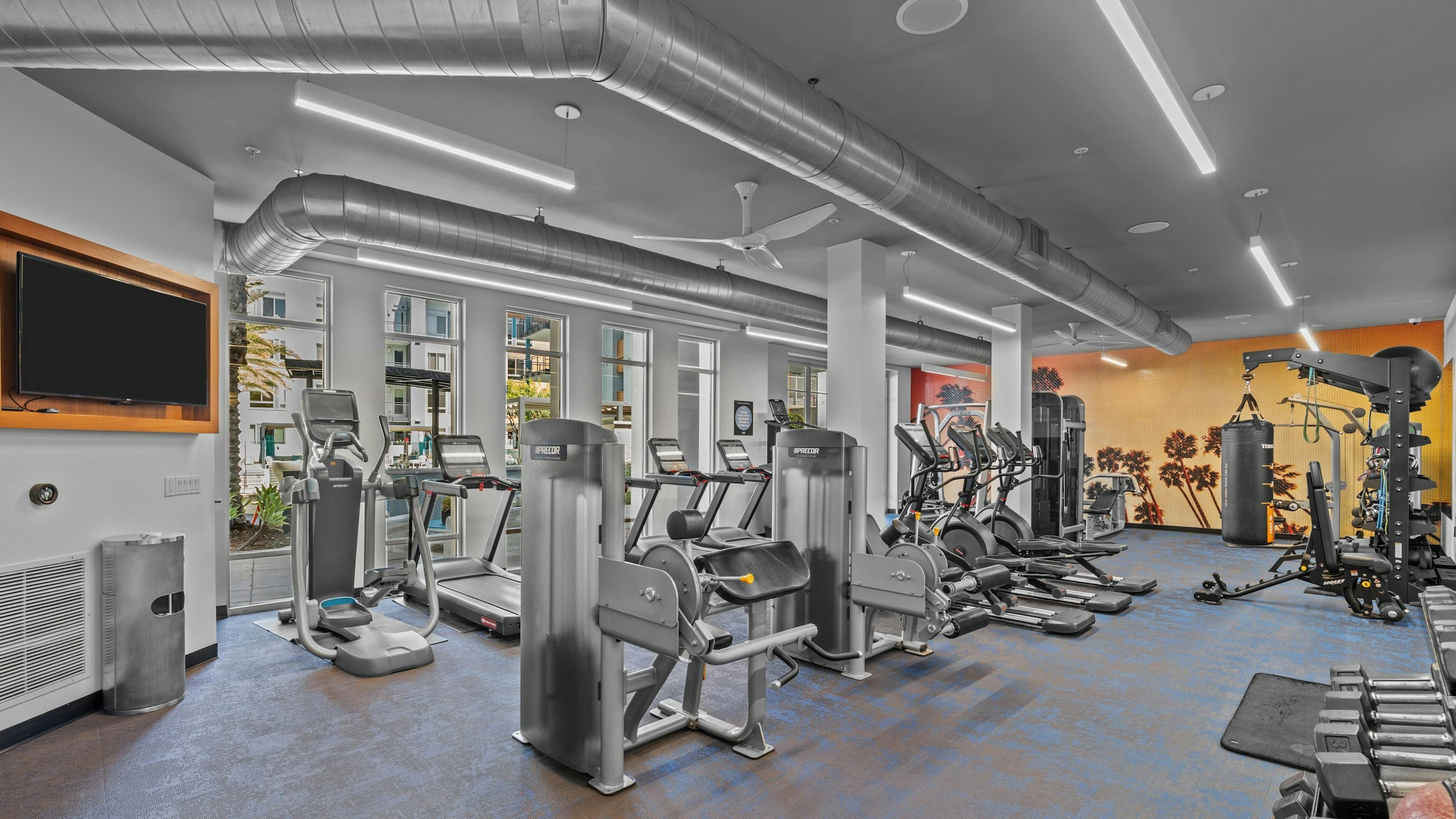 Interior of fitness center at AMLI Uptown Orange apartments with cardio machines, large TV and bright wall mural