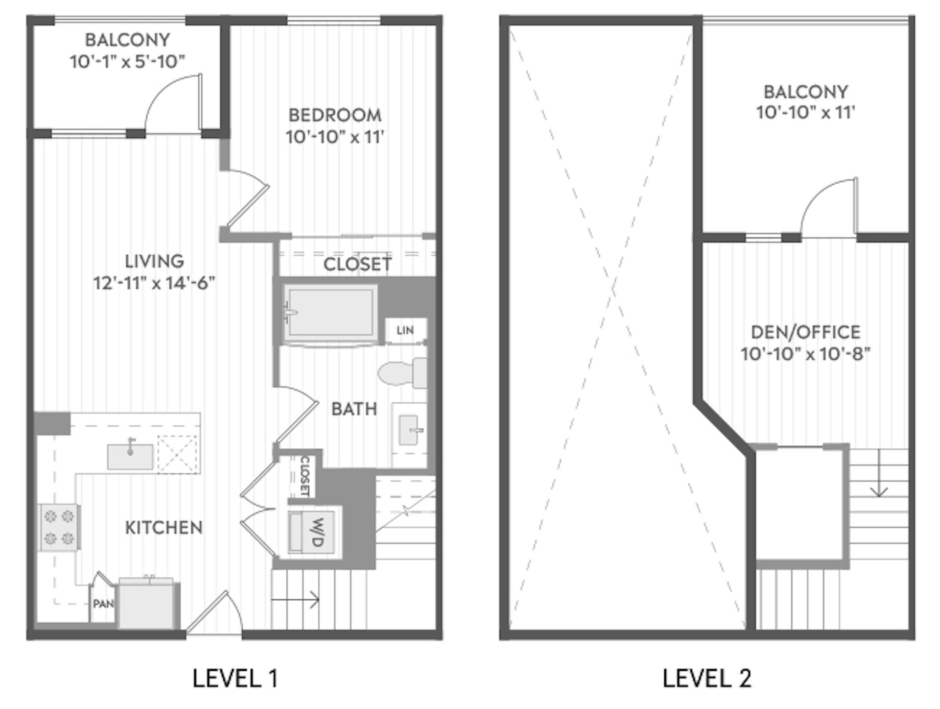 A3T floor plan, 1 Bedroom, 1 Bathroom, Two-Story at AMLI Aero apartments