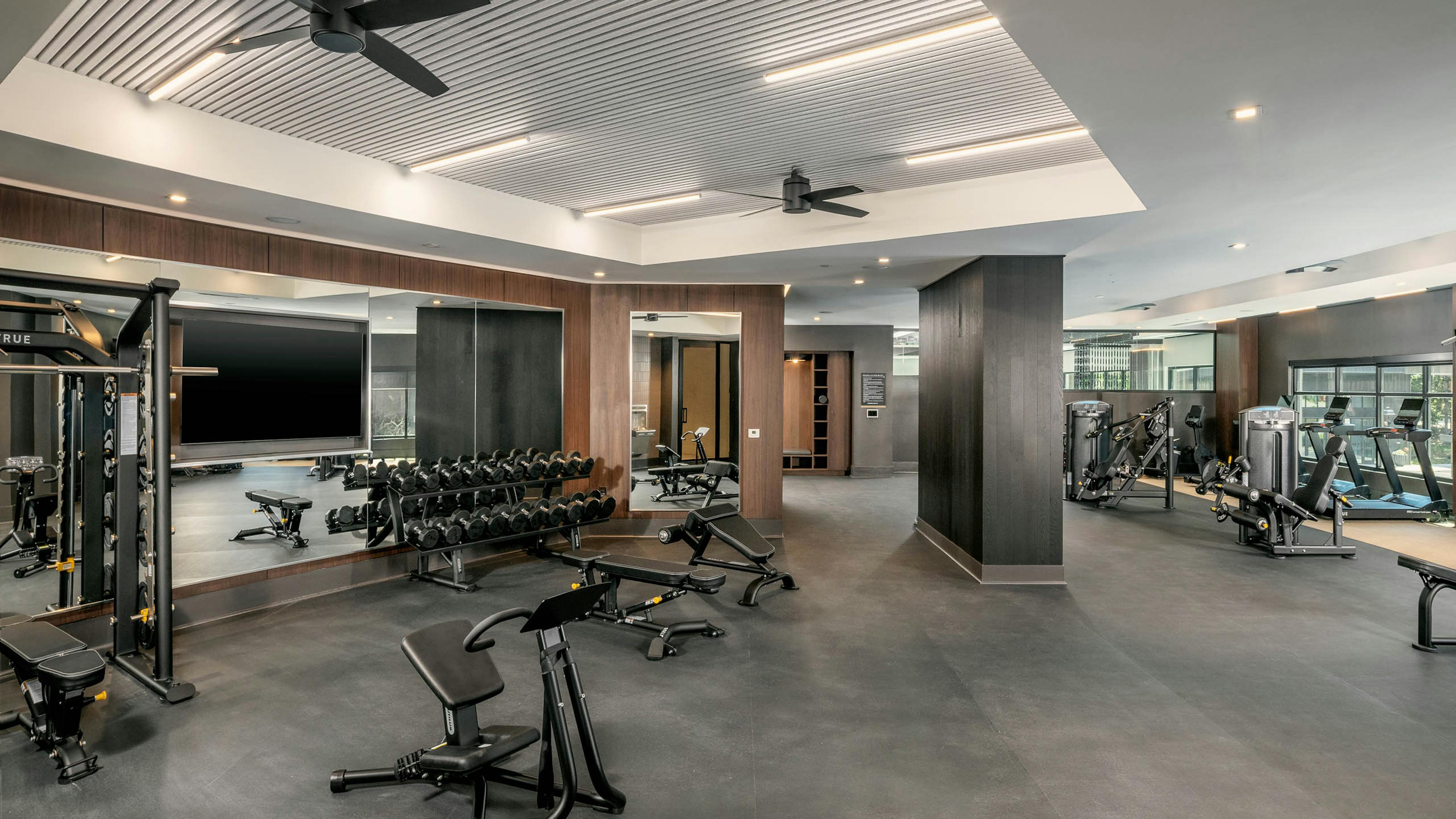 Spacious fitness center at AMLI Brookhaven apartments with a bench press and free weights and a full length mirror with ceiling fans