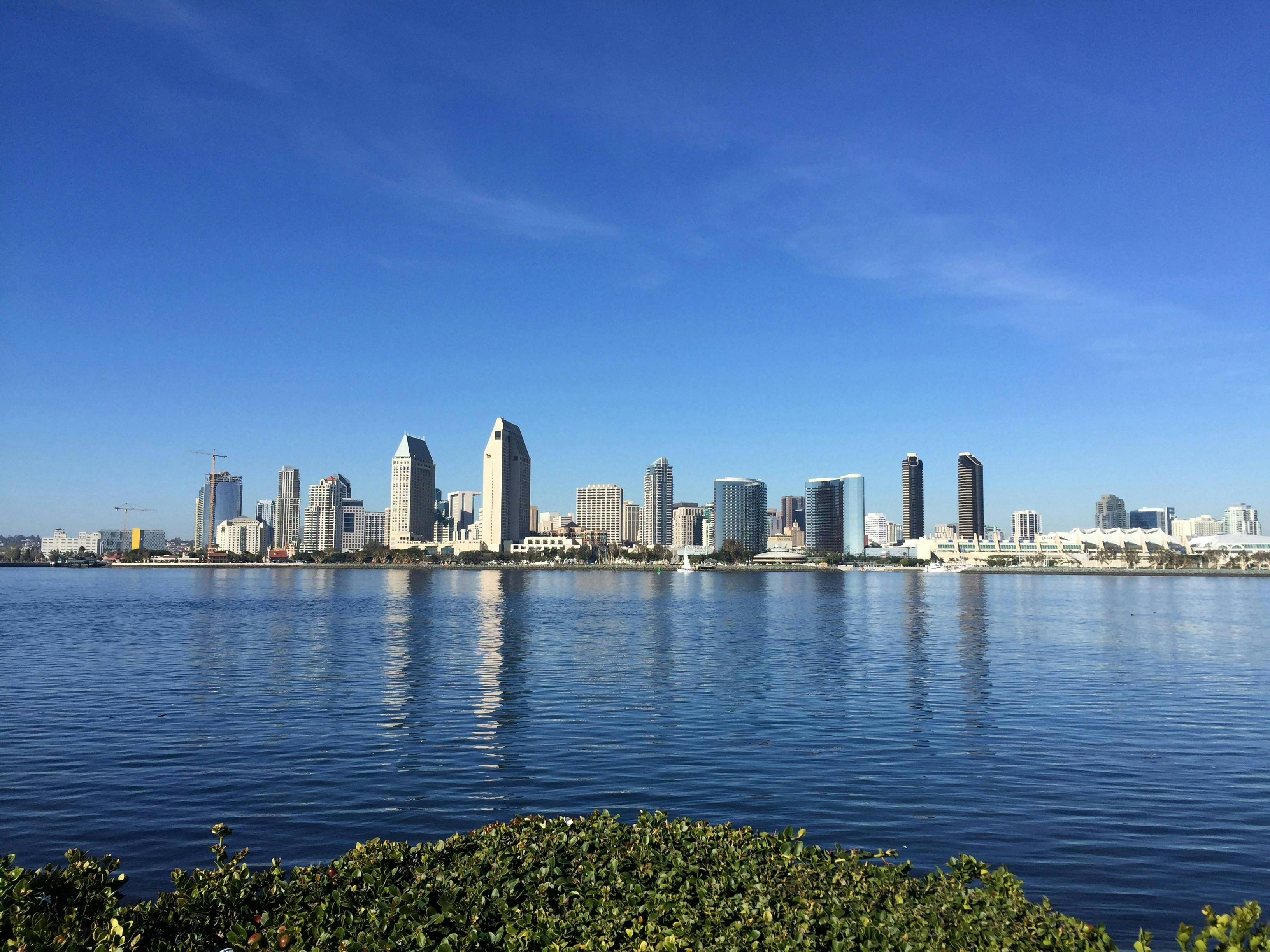 A wide shot of a city skyline with numerous modern buildings, reflecting in a large body of water under a clear blue sky. A line of green bushes is visible in the foreground.