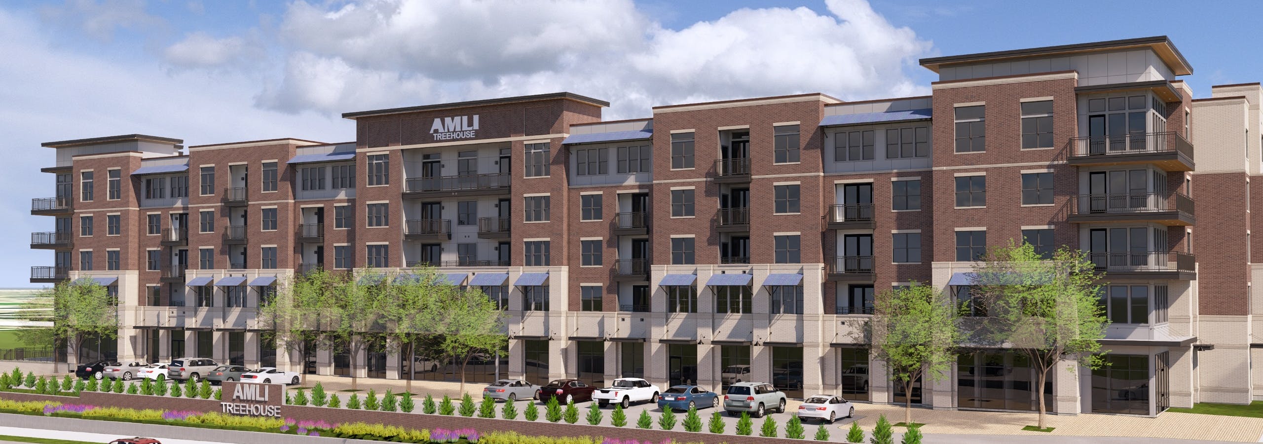Rendering of AMLI treehouse apartment building exterior with brown brick façade with cars and trees in front