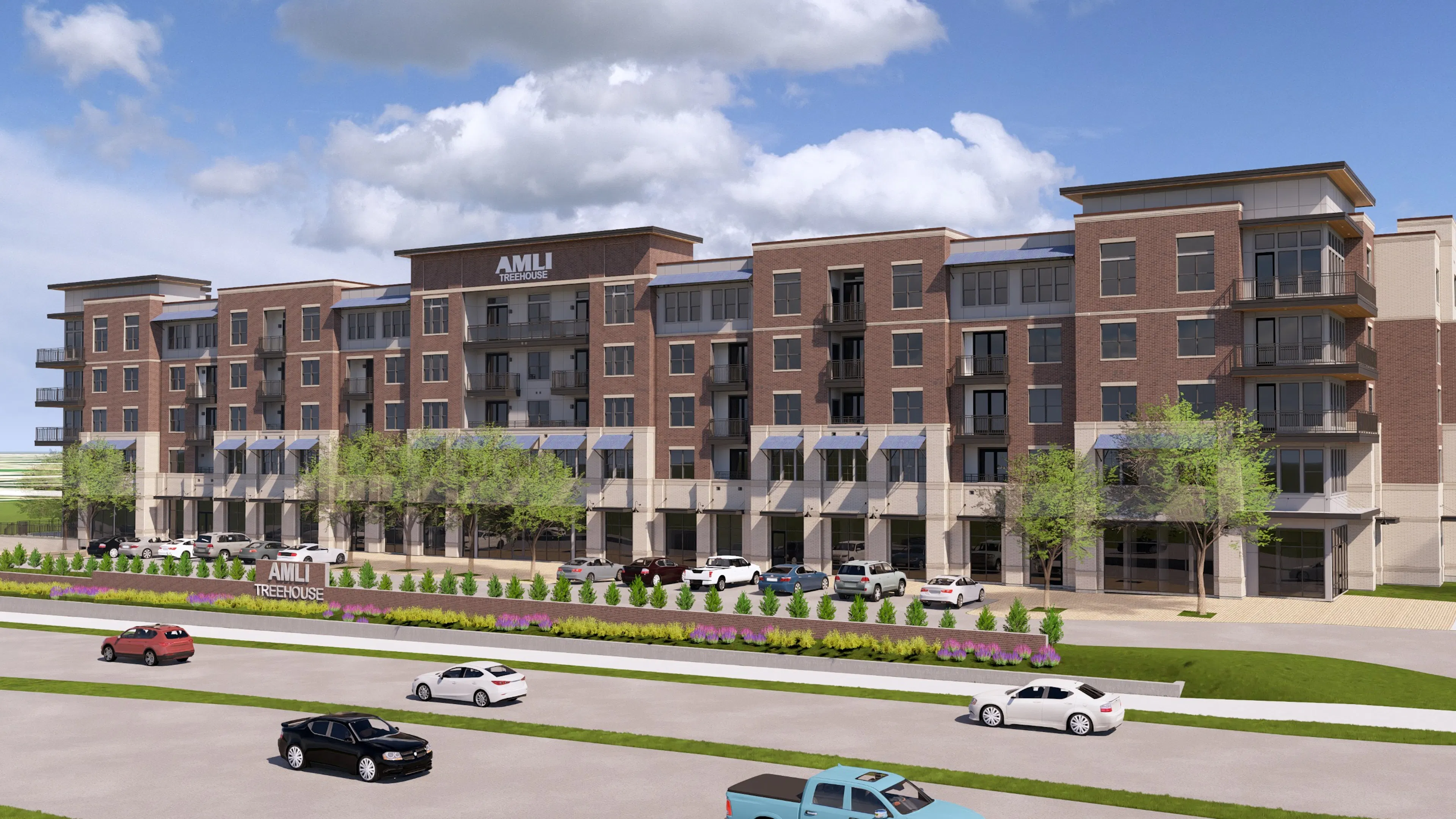 Rendering of AMLI treehouse apartment building exterior with brown brick façade with cars and trees in front