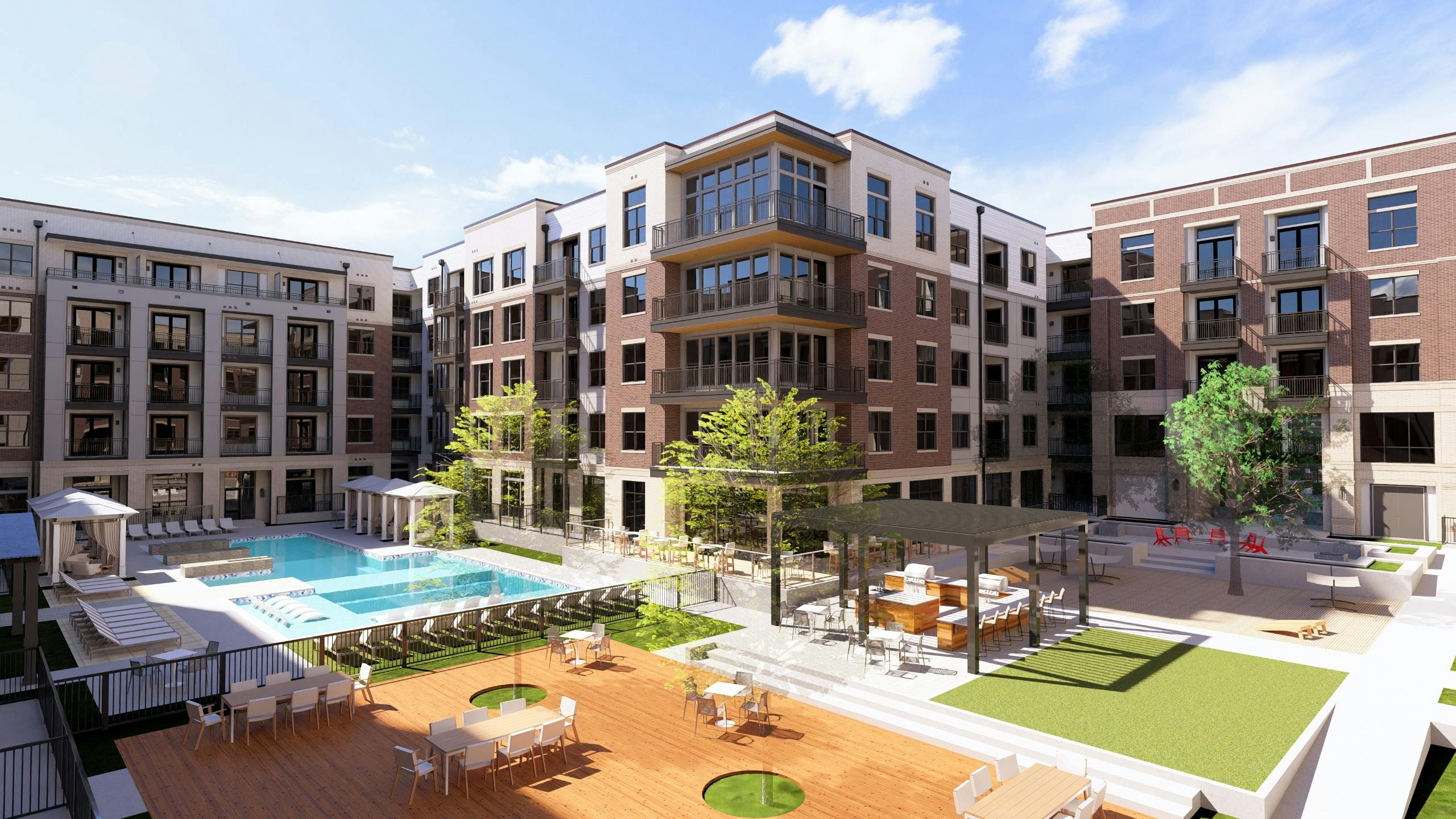 Rendering of large courtyard with pool, cabanas and wood deck surrounded by brown brick AMLI Treehouse apartment building with balconies