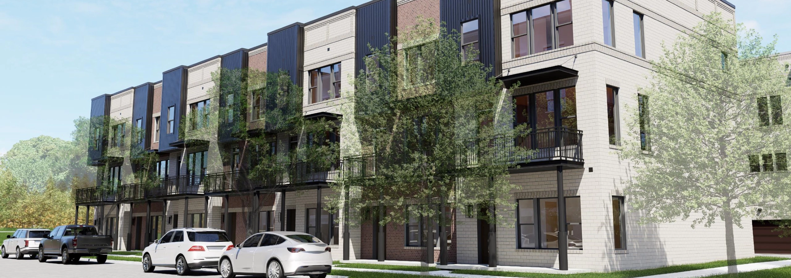 Exterior view of AMLI Treehouse townhomes with balconies and white brick with black accents and cars parked in the front