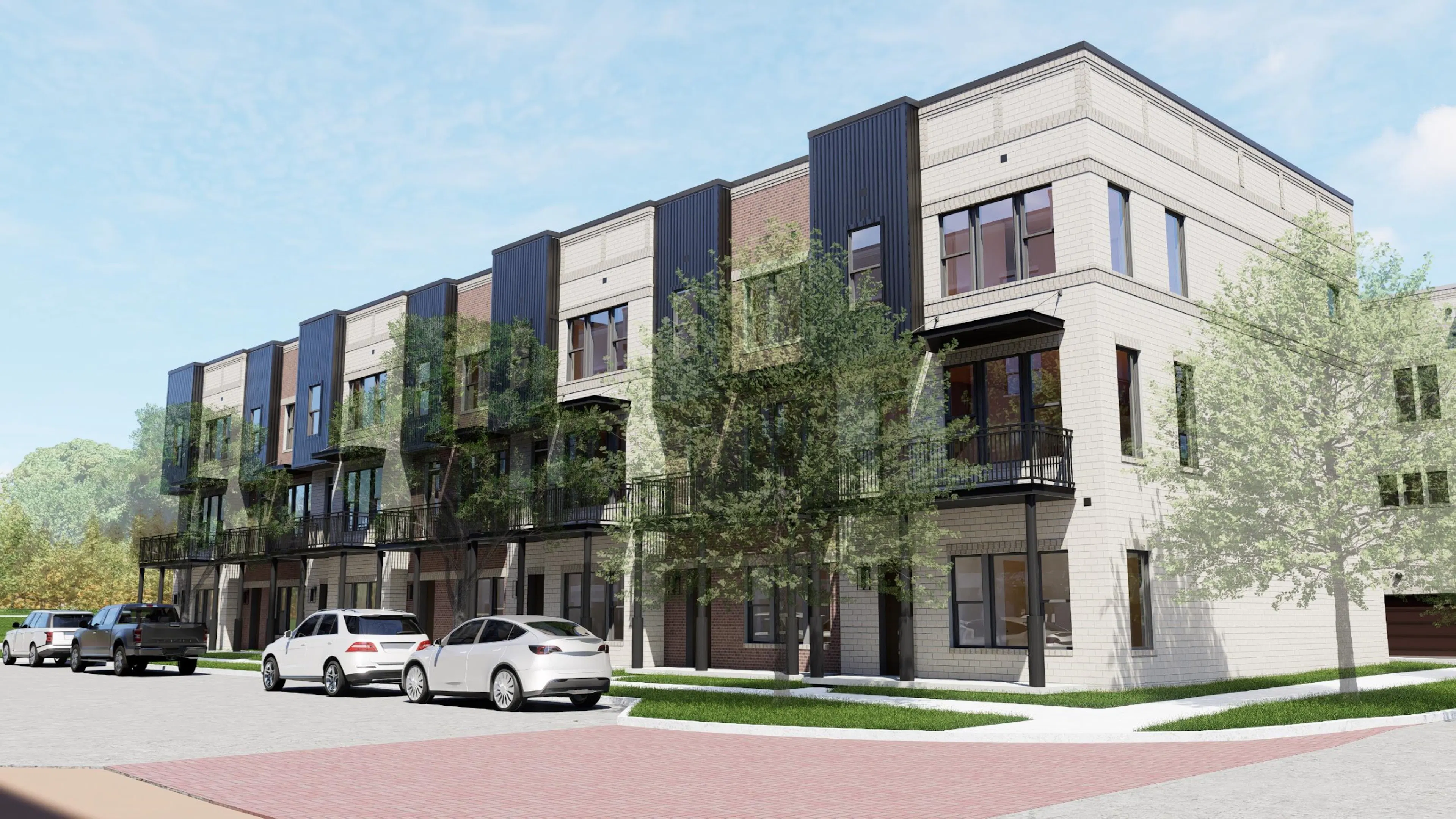 Exterior view of AMLI Treehouse townhomes with balconies and white brick with black accents and cars parked in the front