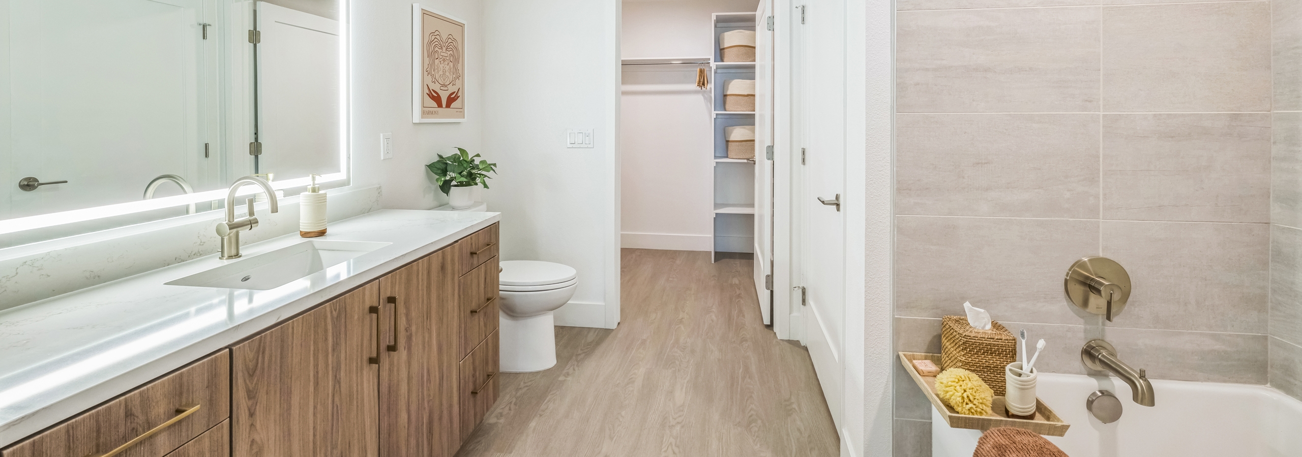 Bathroom at AMLI Aero apartments with large light wood vanity with white quartz top, LED mirror, walk-in closet, and soaking tub with tray.