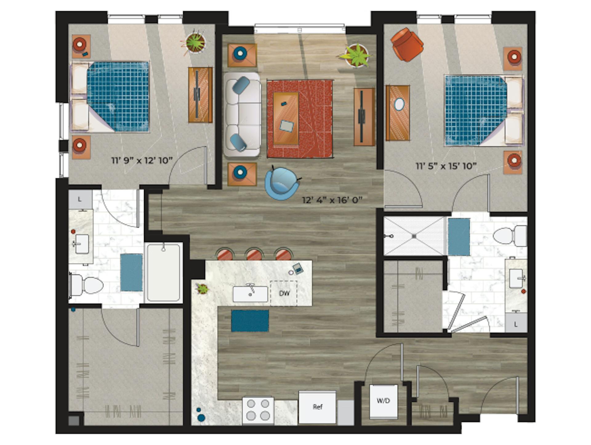 C6a floor plan, 2 Bedroom, 2 Bathroom at AMLI at Uptown apartments