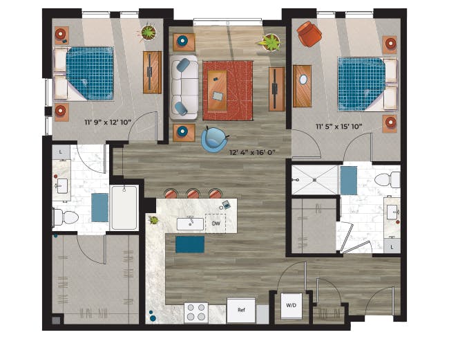 C6a floor plan, 2 Bedroom, 2 Bathroom at AMLI at Uptown apartments