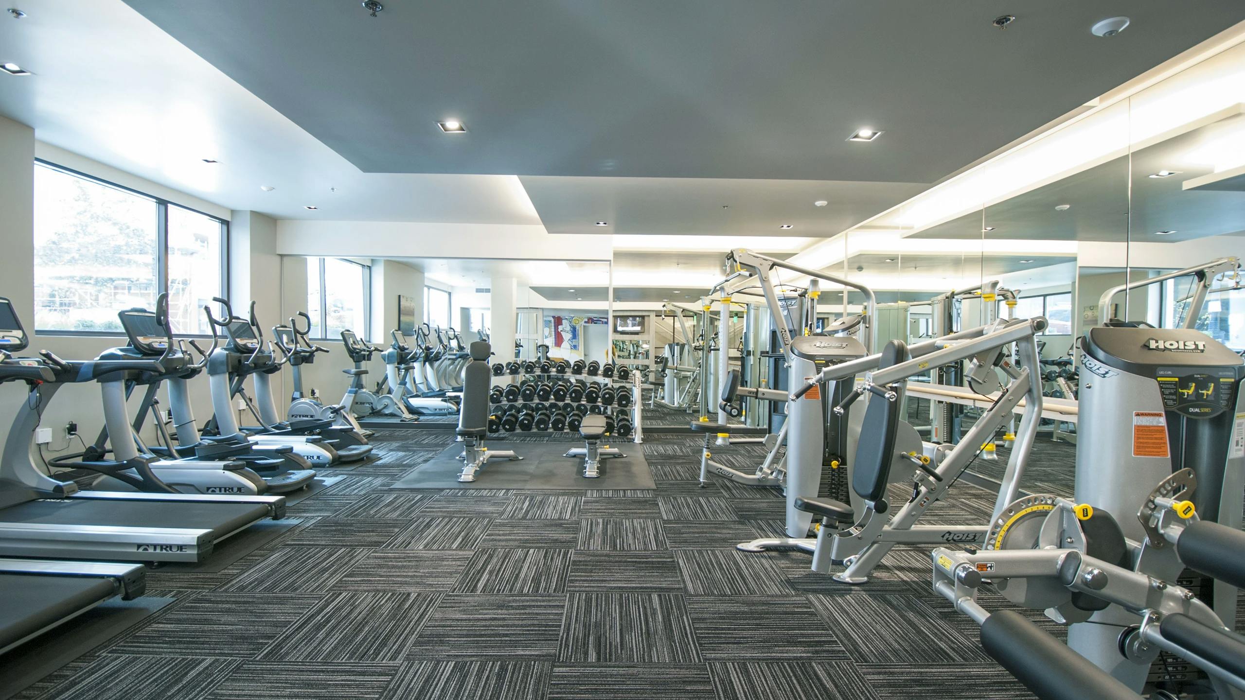 Fitness center at AMLI Waterfront apartments featuring dumbbells, weight benches, and cardio machines along large sunlit windows.