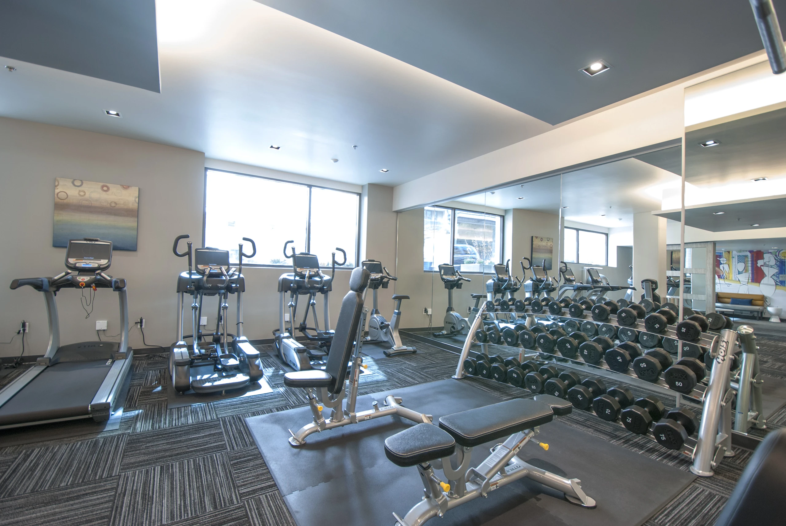 Fitness center with treadmills, ellipticals, free weights, and a wall-to-wall mirrors at at AMLI Waterfront apartments.