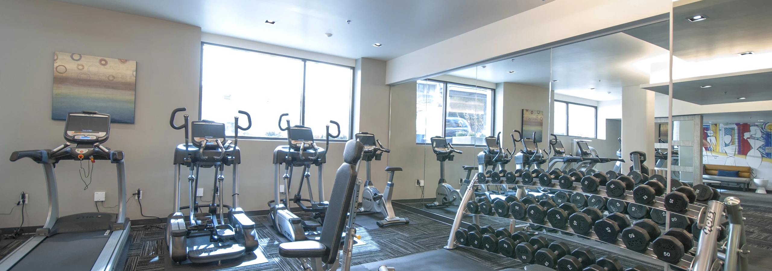 Fitness center with treadmills, ellipticals, free weights, and a wall-to-wall mirrors at at AMLI Waterfront apartments.