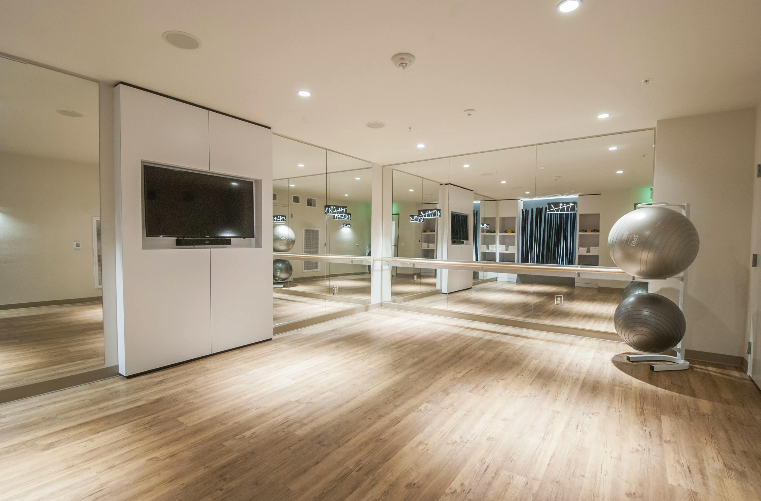 Yoga studio with mirrored walls, ballet bar, wood floors, mounted TV, and exercise balls at AMLI Waterfront apartments.