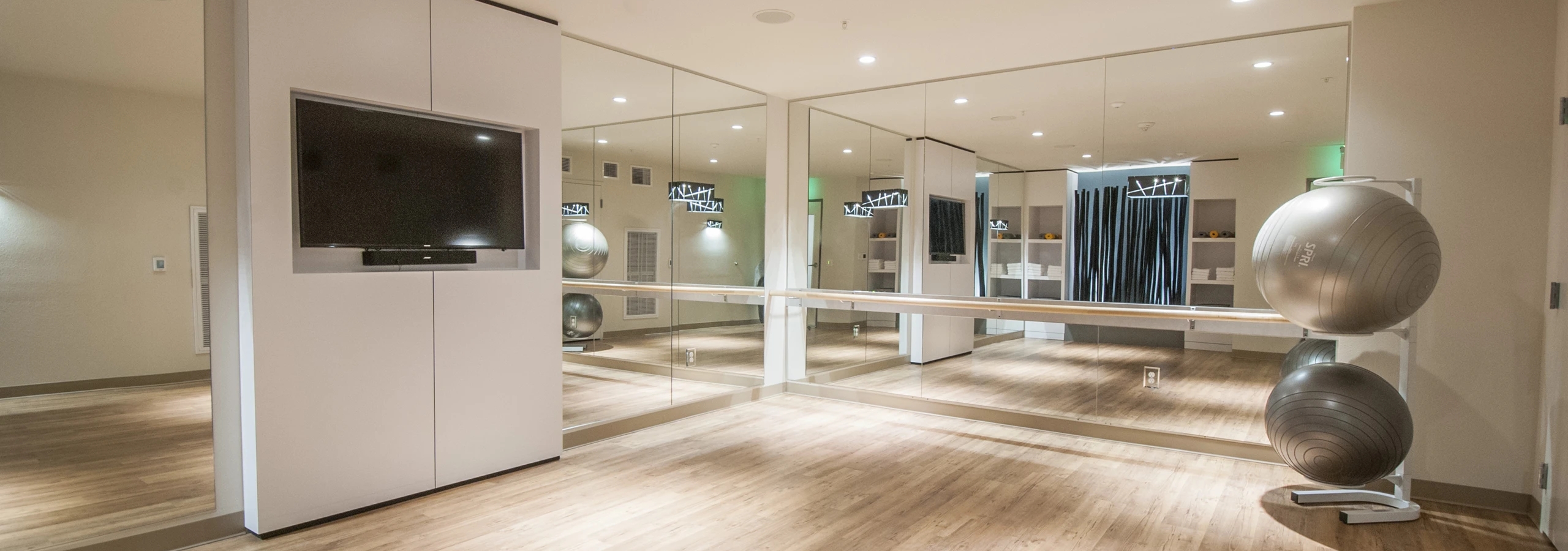 Yoga studio with mirrored walls, ballet bar, wood floors, mounted TV, and exercise balls at AMLI Waterfront apartments.