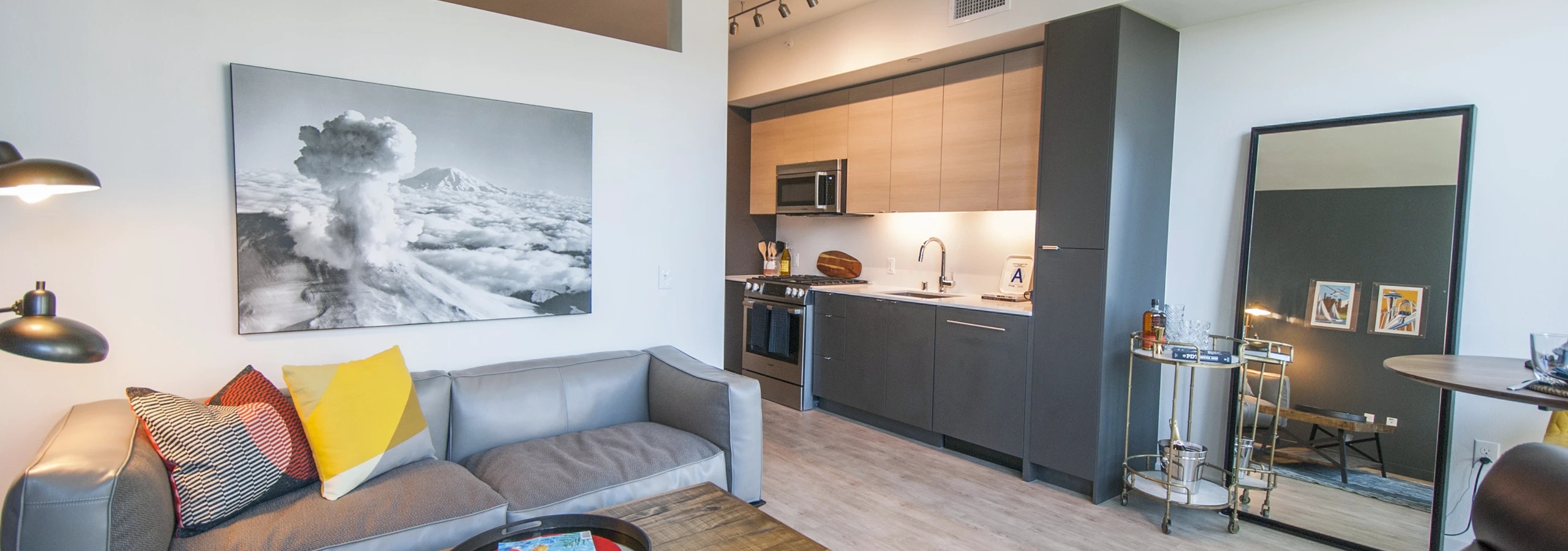 Interior view of AMLI Waterfront apartment living room with gray sofa, kitchen in background, large art, and wood coffee table.