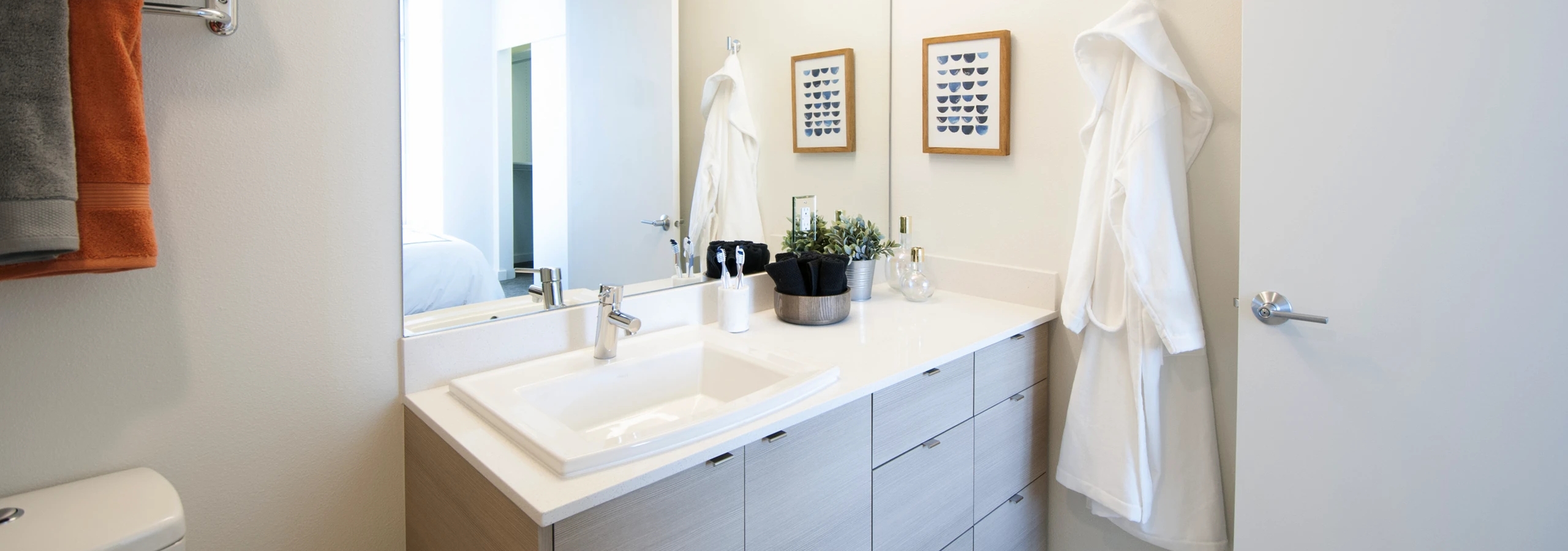 AMLI Waterfront apartment bathroom with light wood cabinetry, wall mirror, robe hook, and contemporary lighting.