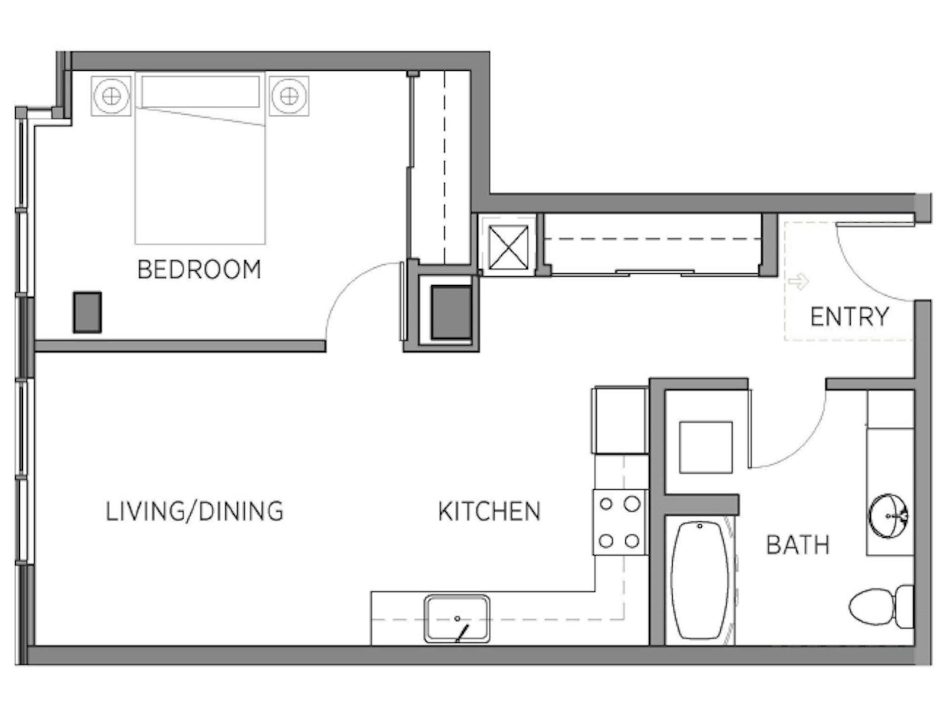 A2e floor plan, 1 Bedroom, 1 Bathroom at AMLI Waterfront apartments