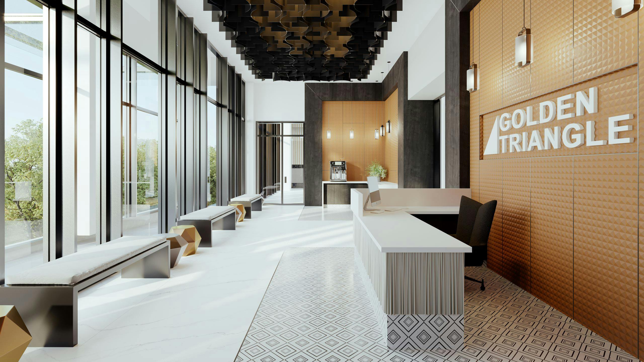 Rendering of leasing office with at desk and chair opposite benches along a wall of windows at AMLI Golden Triangle