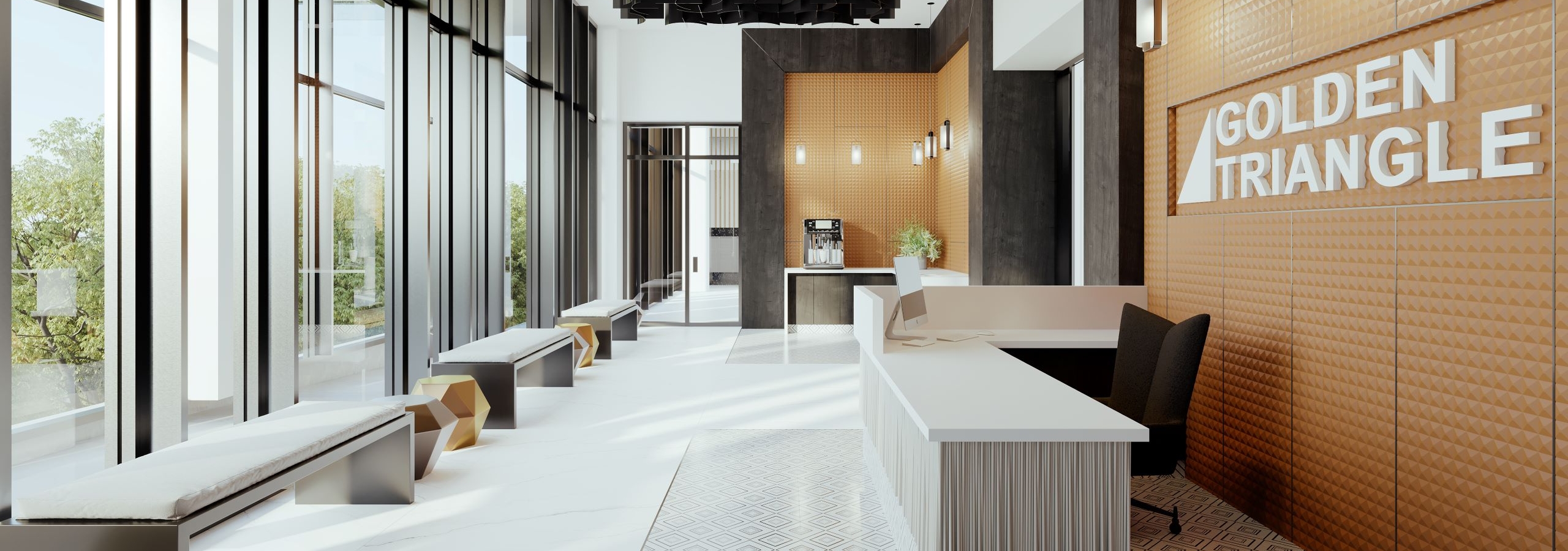 Rendering of leasing office with at desk and chair opposite benches along a wall of windows at AMLI Golden Triangle