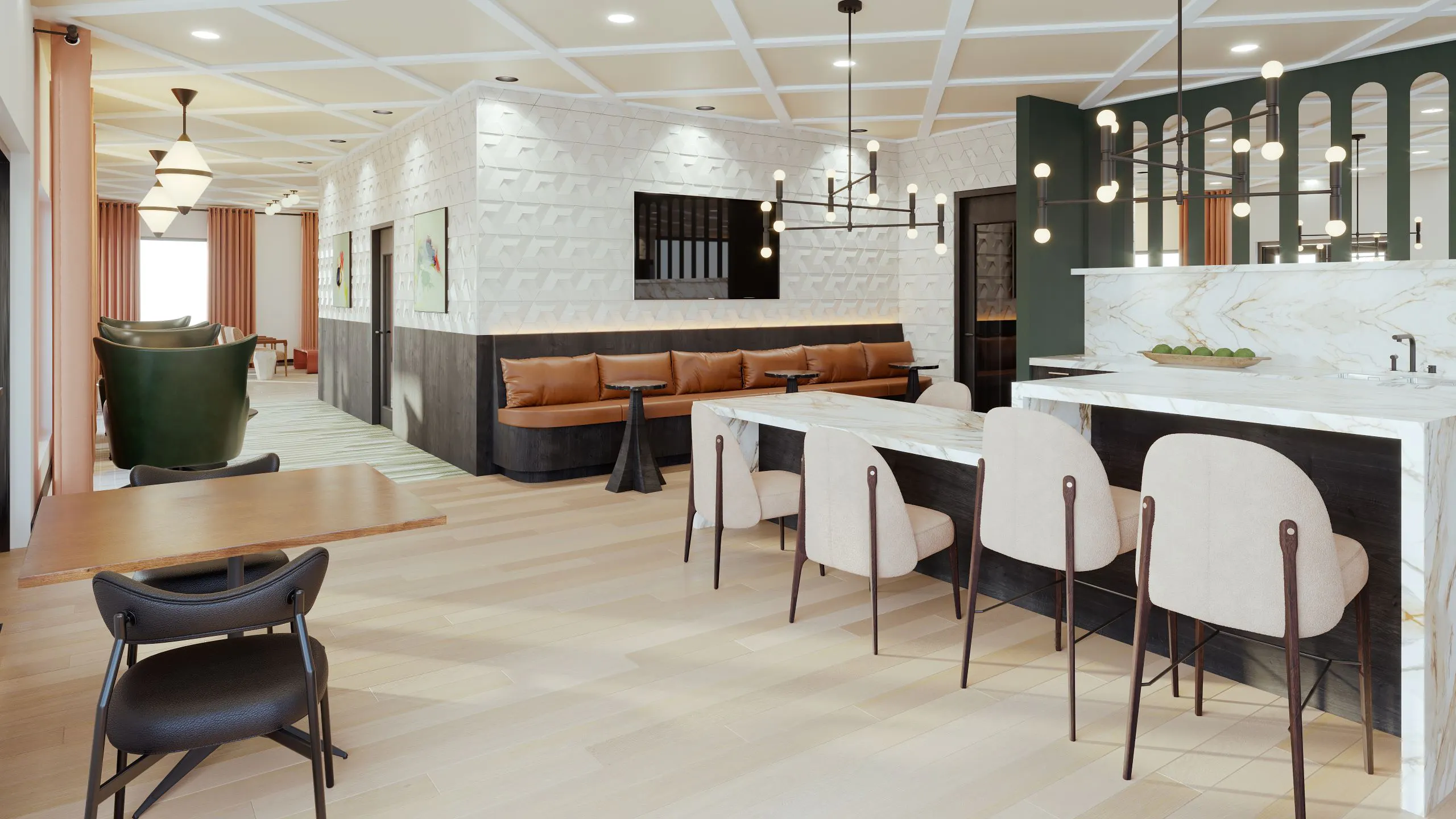 Rendering of AMLI Golden Triangle amenity lounge with table, counter and booth seating for coworking and socializing