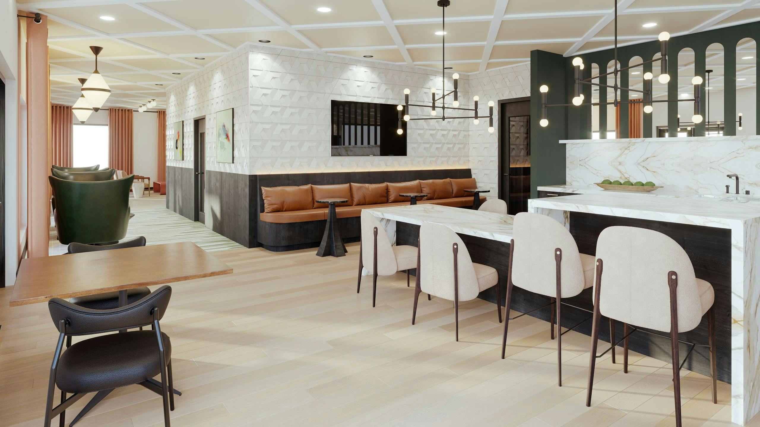 Rendering of AMLI Golden Triangle amenity lounge with table, counter and booth seating for coworking and socializing