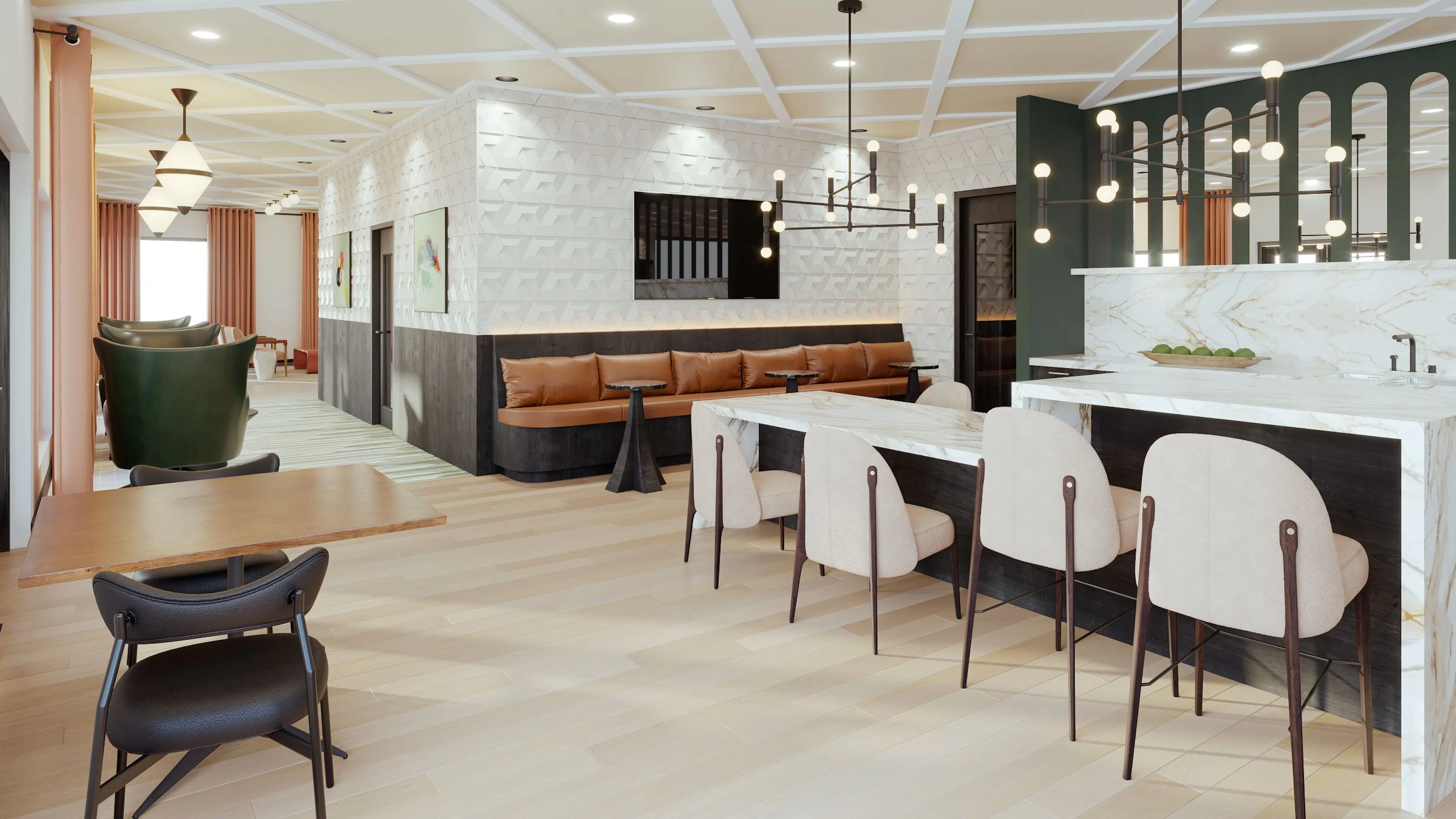 Rendering of AMLI Golden Triangle amenity lounge with table, counter and booth seating for coworking and socializing