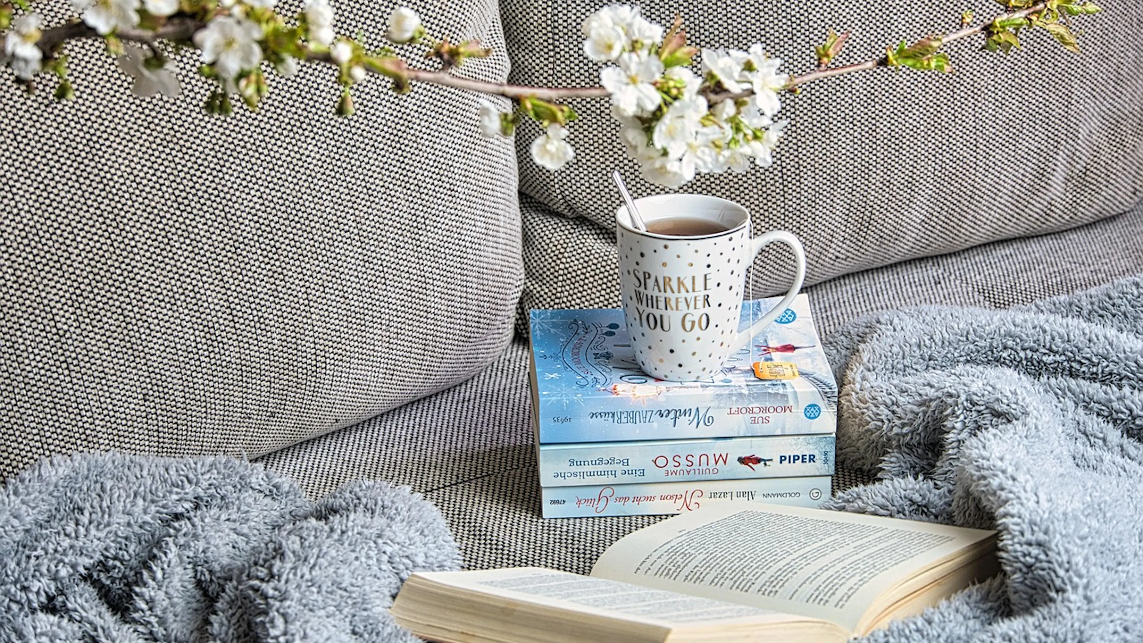 grey couch with blue blanket and books and mug of tea with flowers draped across