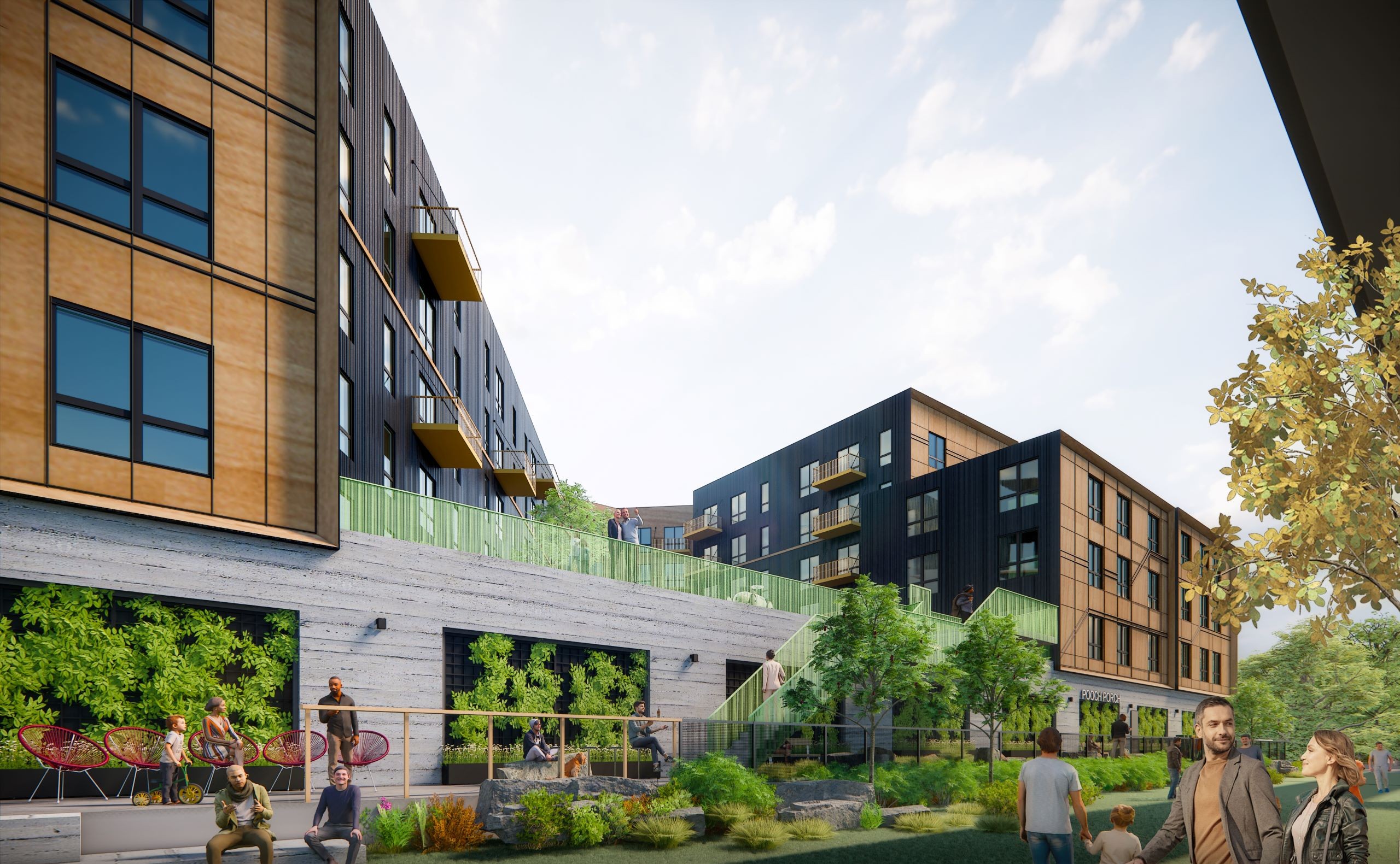 Wood and dark-paneled AMLI Redmond Way apartments with large windows, landscaped greenery, trees, and people on benches and paths