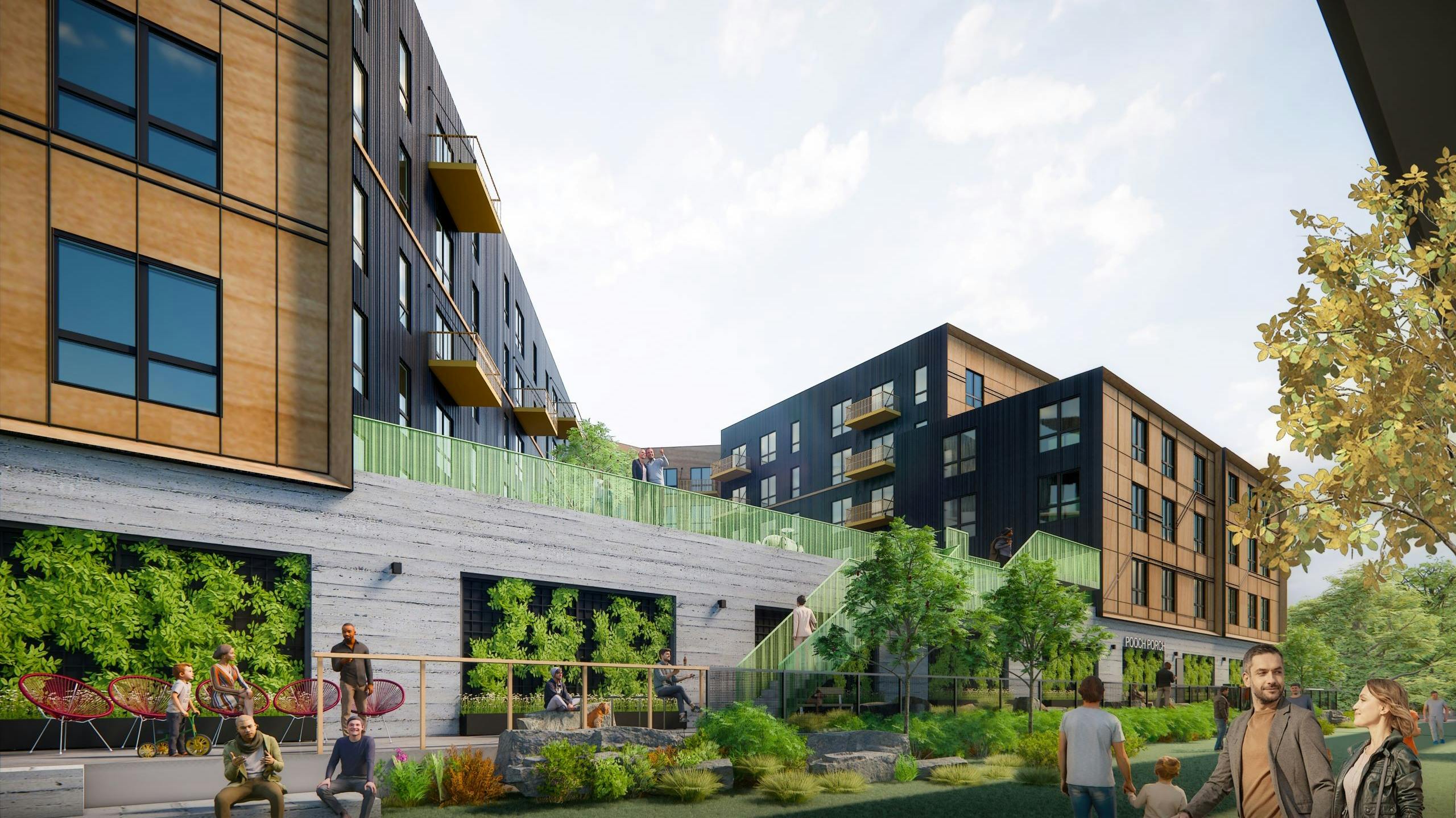 Wood and dark-paneled AMLI Redmond Way apartments with large windows, landscaped greenery, trees, and people on benches and paths