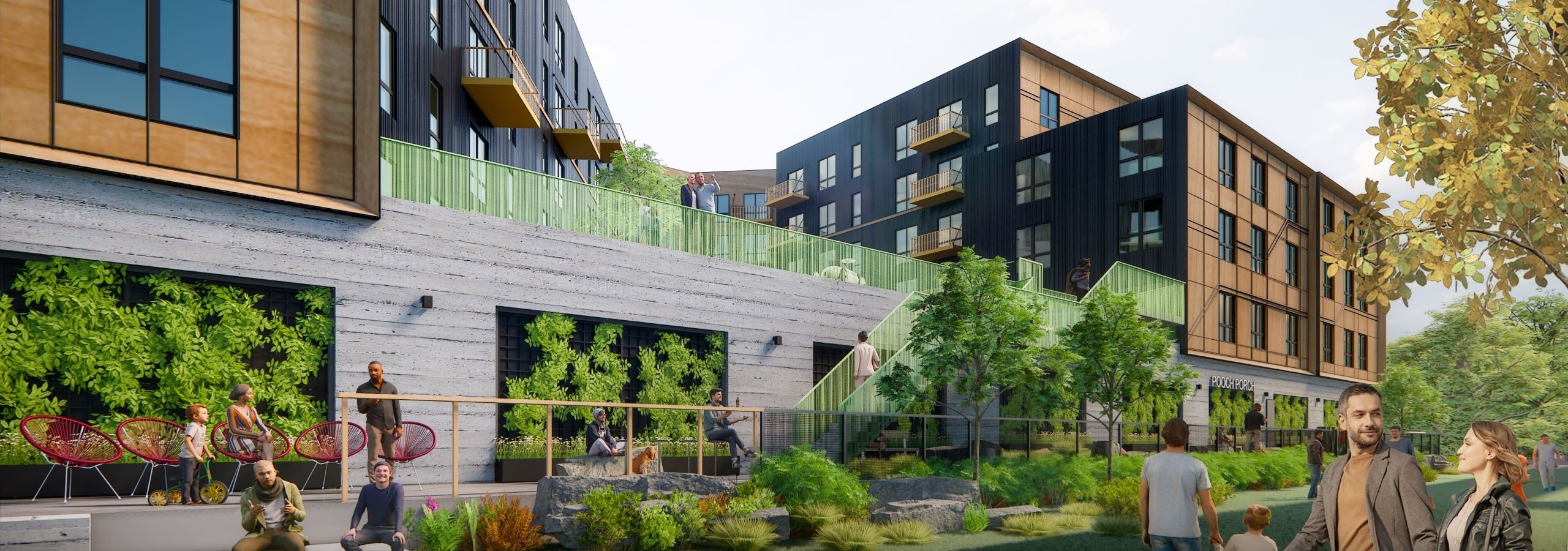 Wood and dark-paneled AMLI Redmond Way apartments with large windows, landscaped greenery, trees, and people on benches and paths