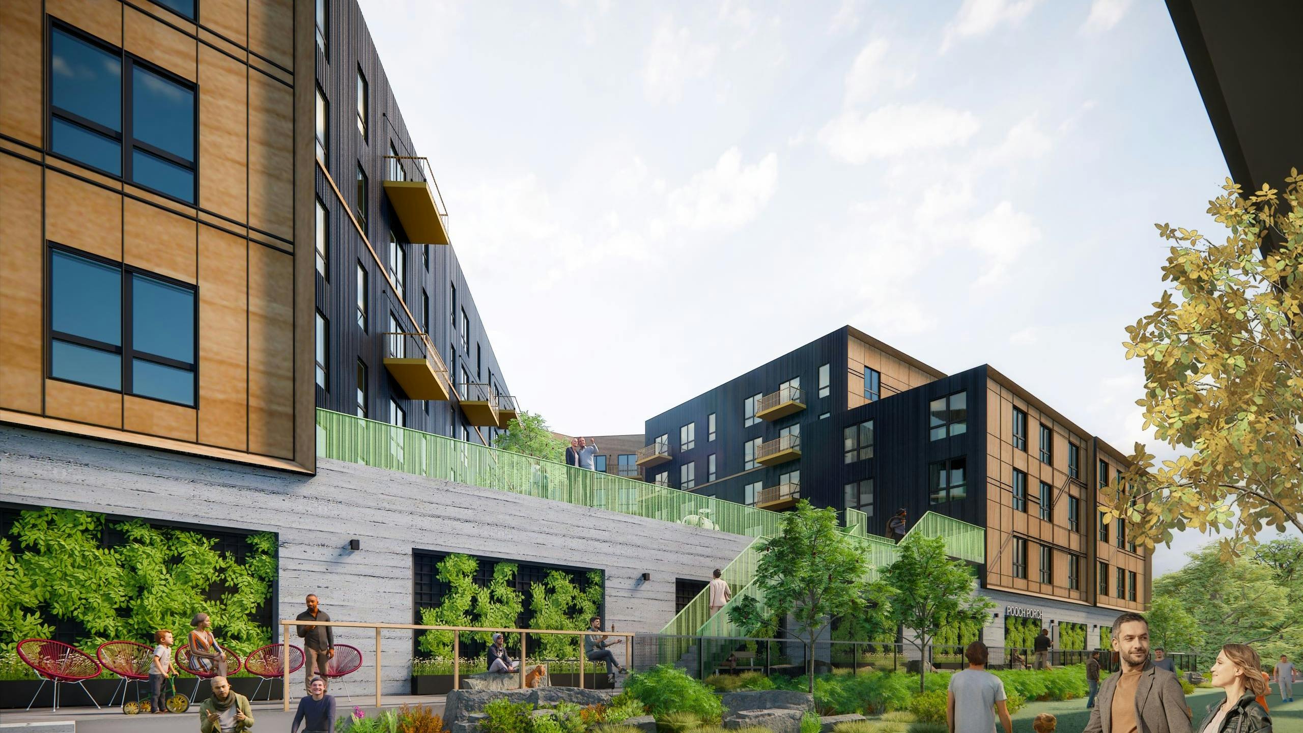 Wood and dark-paneled AMLI Redmond Way apartments with large windows, landscaped greenery, trees, and people on benches and paths