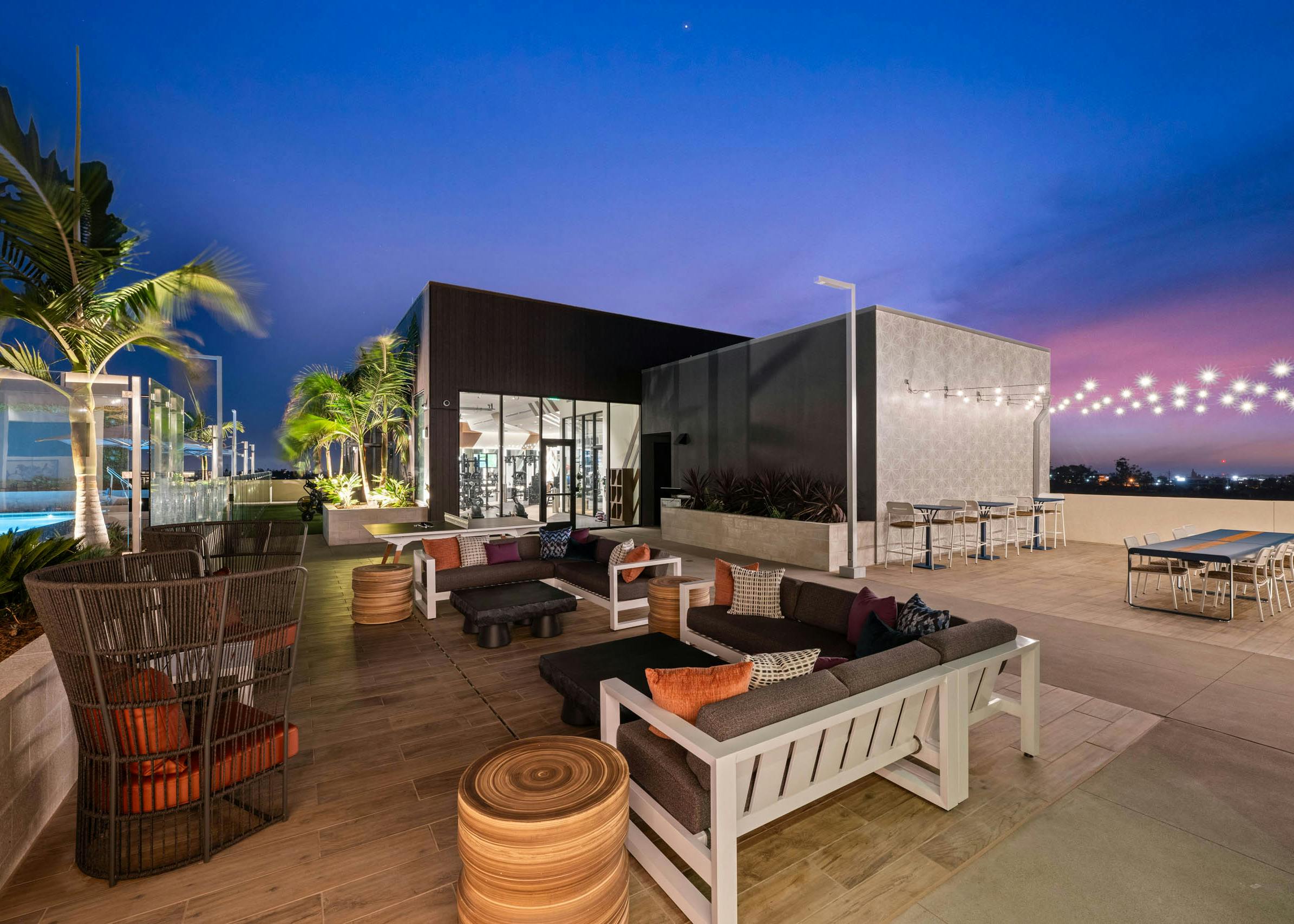 Rooftop terrace at AMLI Aero apartments with cushioned lounge seating, palm trees, string lights, and dining tables at twilight.