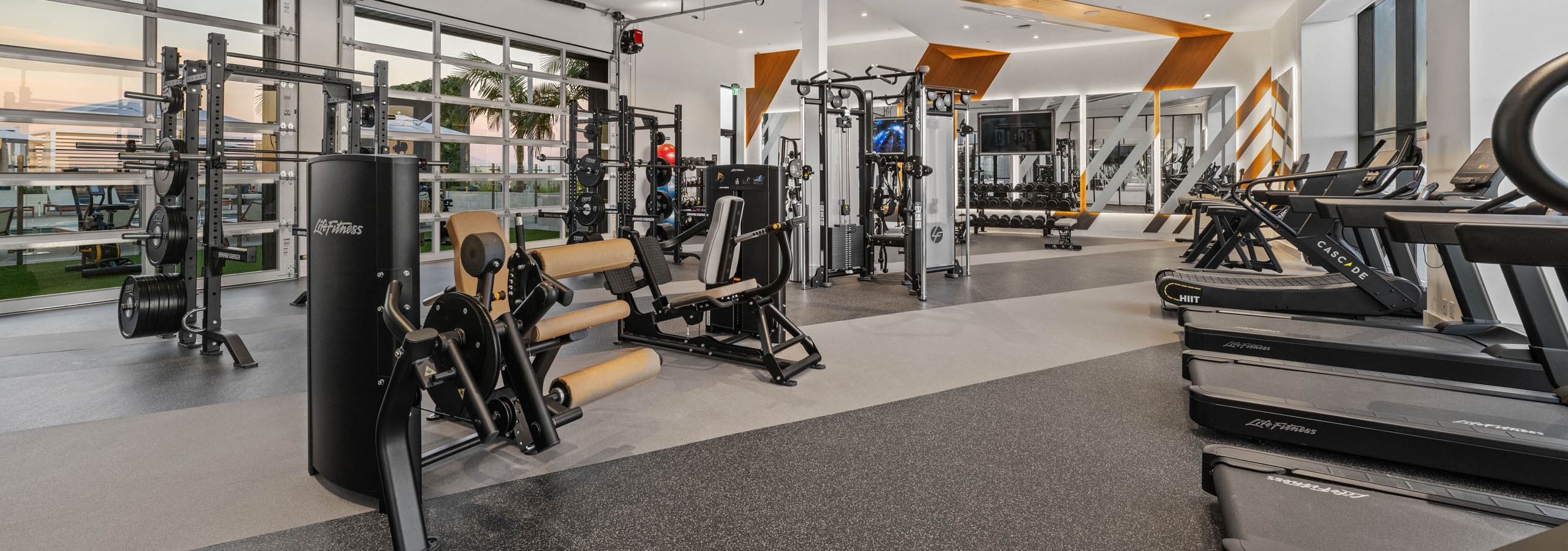 Fitness center at AMLI Aero apartments with treadmills, weight machines, benches, and floor-to-ceiling windows with bright lighting.