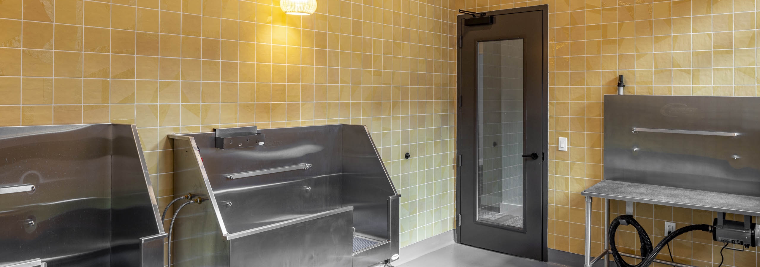 Pet wash room at AMLI North Park apartment community with yellow tiled walls stainless washing stations ramps and grey flooring