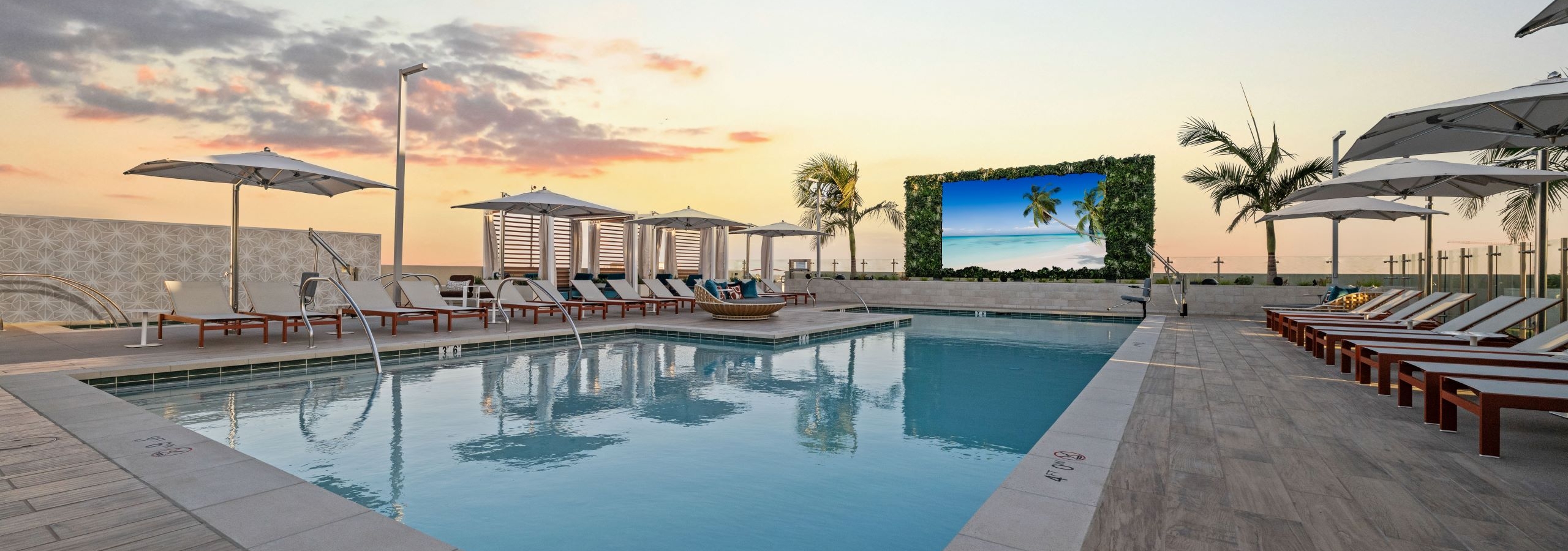 Dusk view of sparkling blue pool at AMLI Aero with recliners, large tv, fitness center building and palm trees and panoramic rooftop.