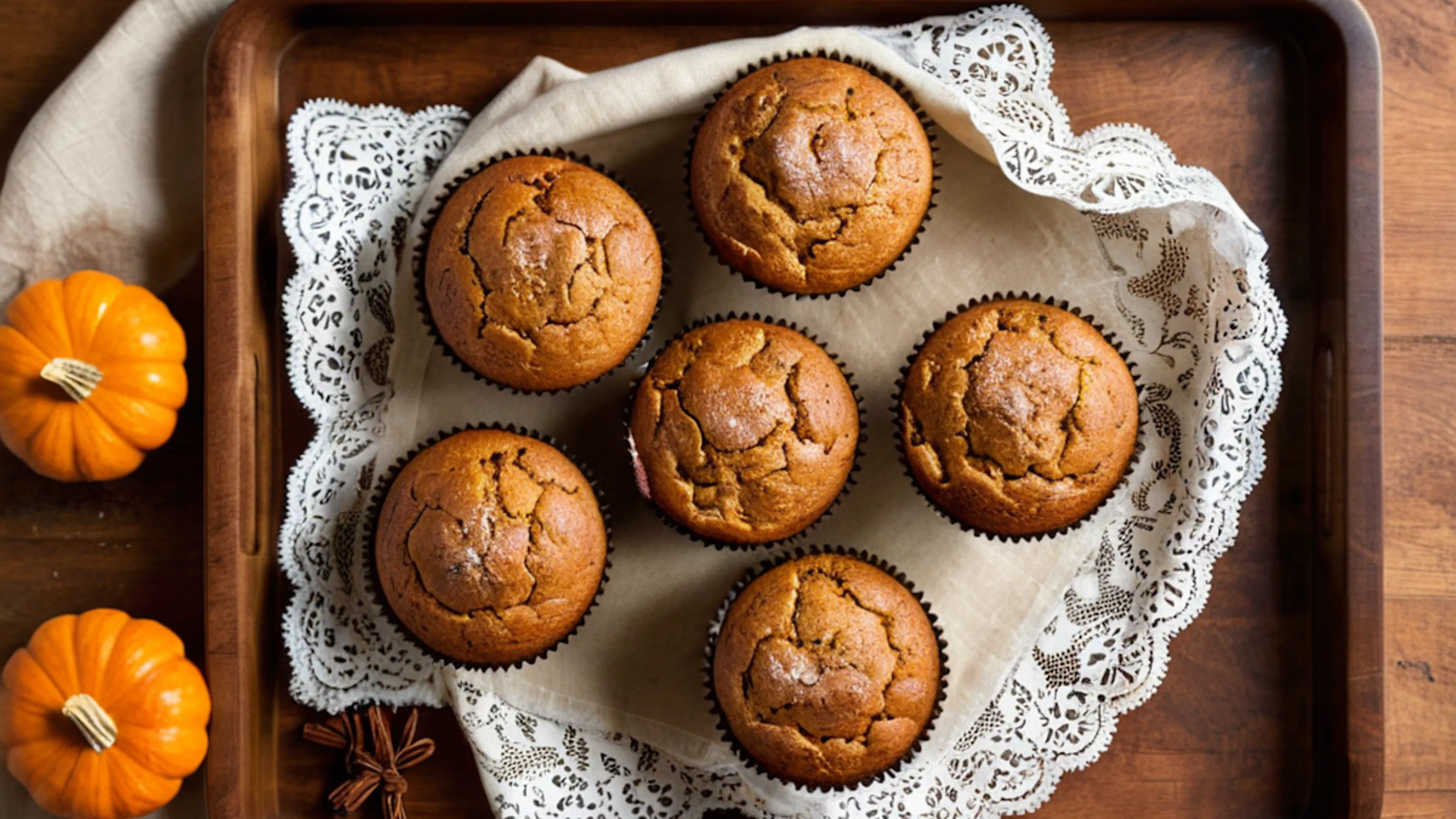tray of muffins on wood table with small orange pumpkins scattered around