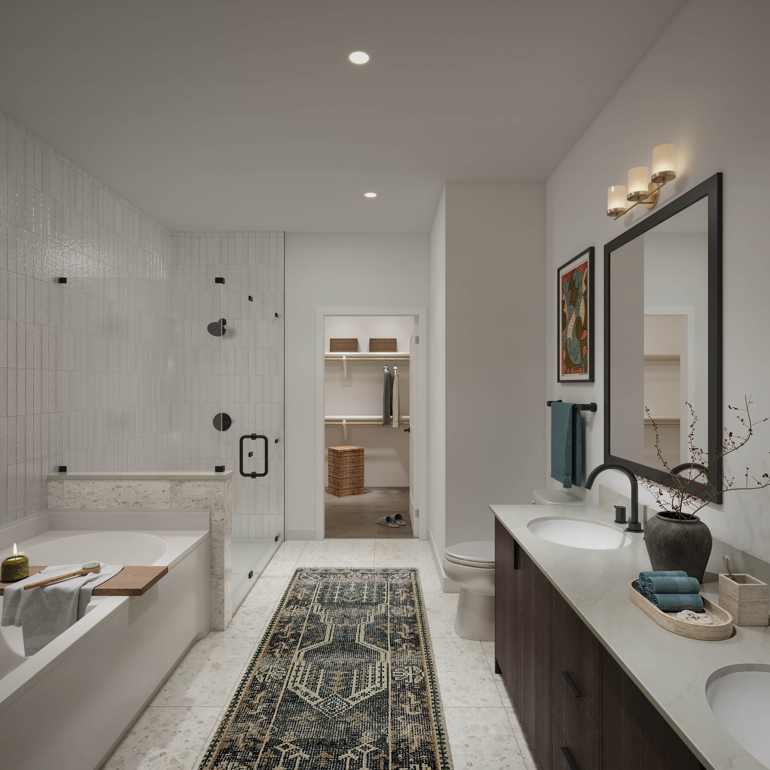 AMLI Treehouse apartment bathroom rendering with white tub, white walls, and glass framed shower with large vanity and mirror