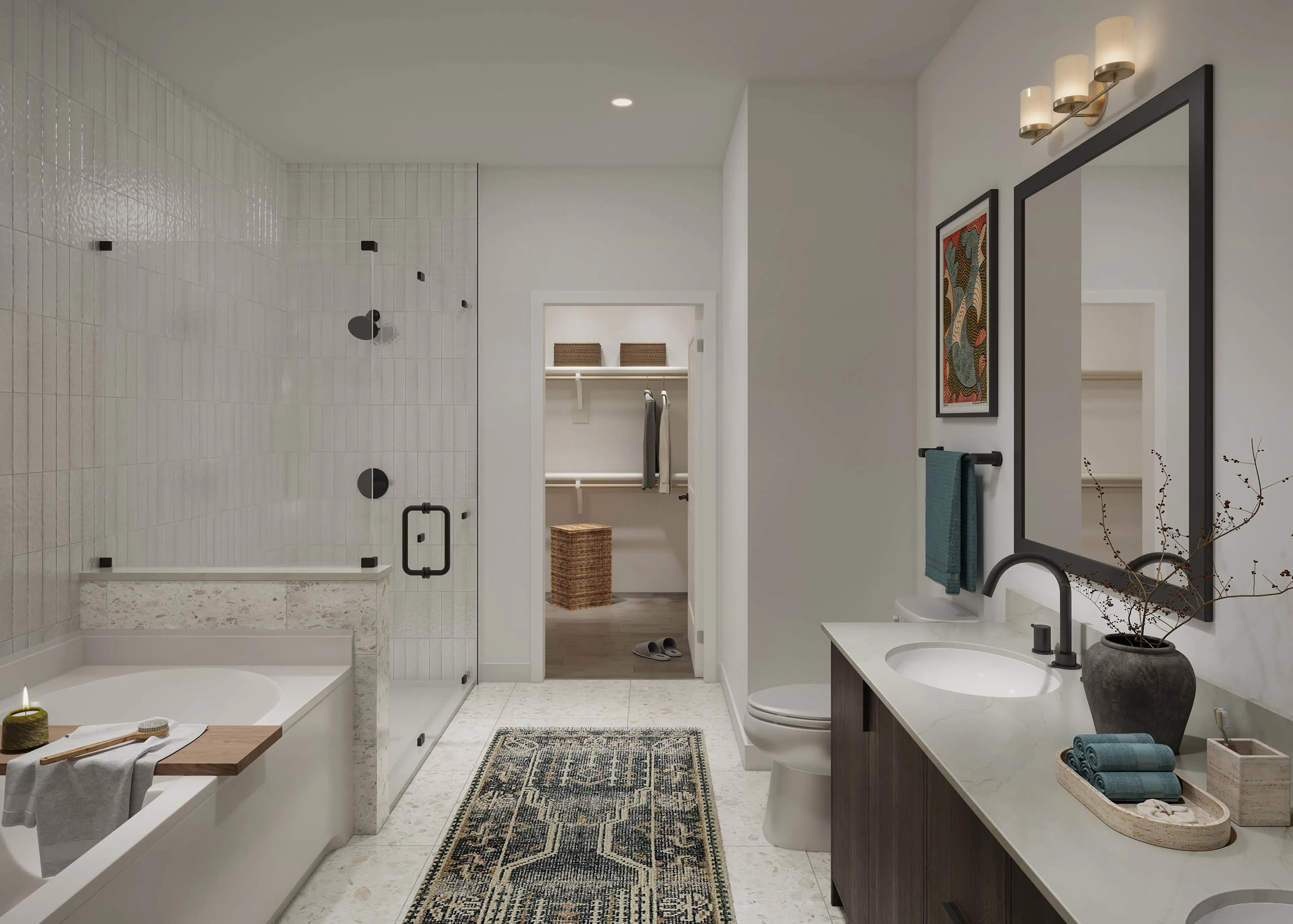 AMLI Treehouse apartment bathroom rendering with white tub, white walls, and glass framed shower with large vanity and mirror