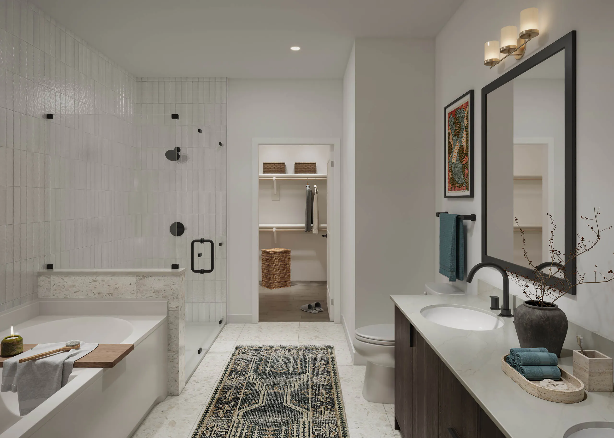 AMLI Treehouse apartment bathroom rendering with white tub, white walls, and glass framed shower with large vanity and mirror