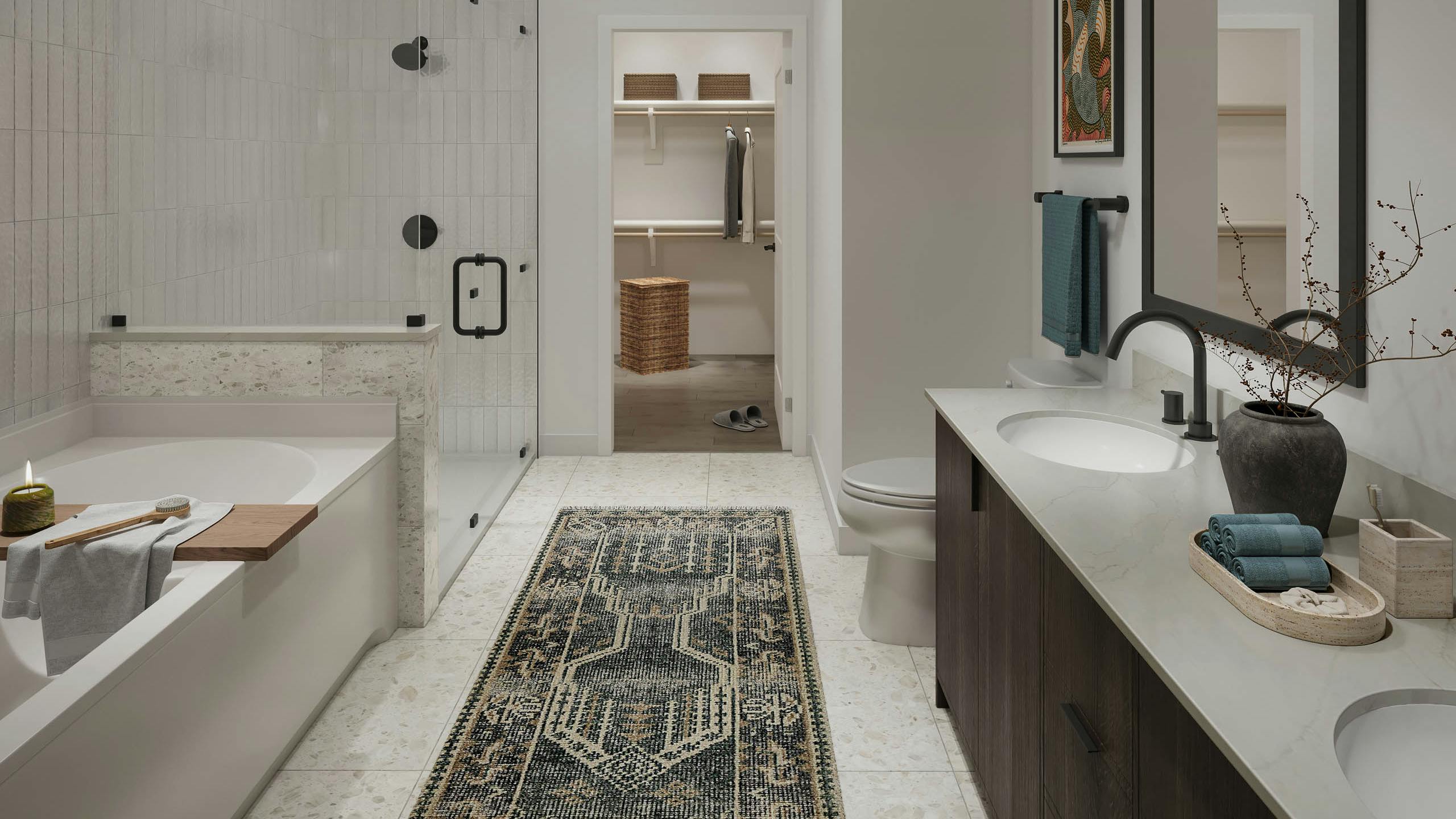 AMLI Treehouse apartment bathroom rendering with white tub, white walls, and glass framed shower with large vanity and mirror