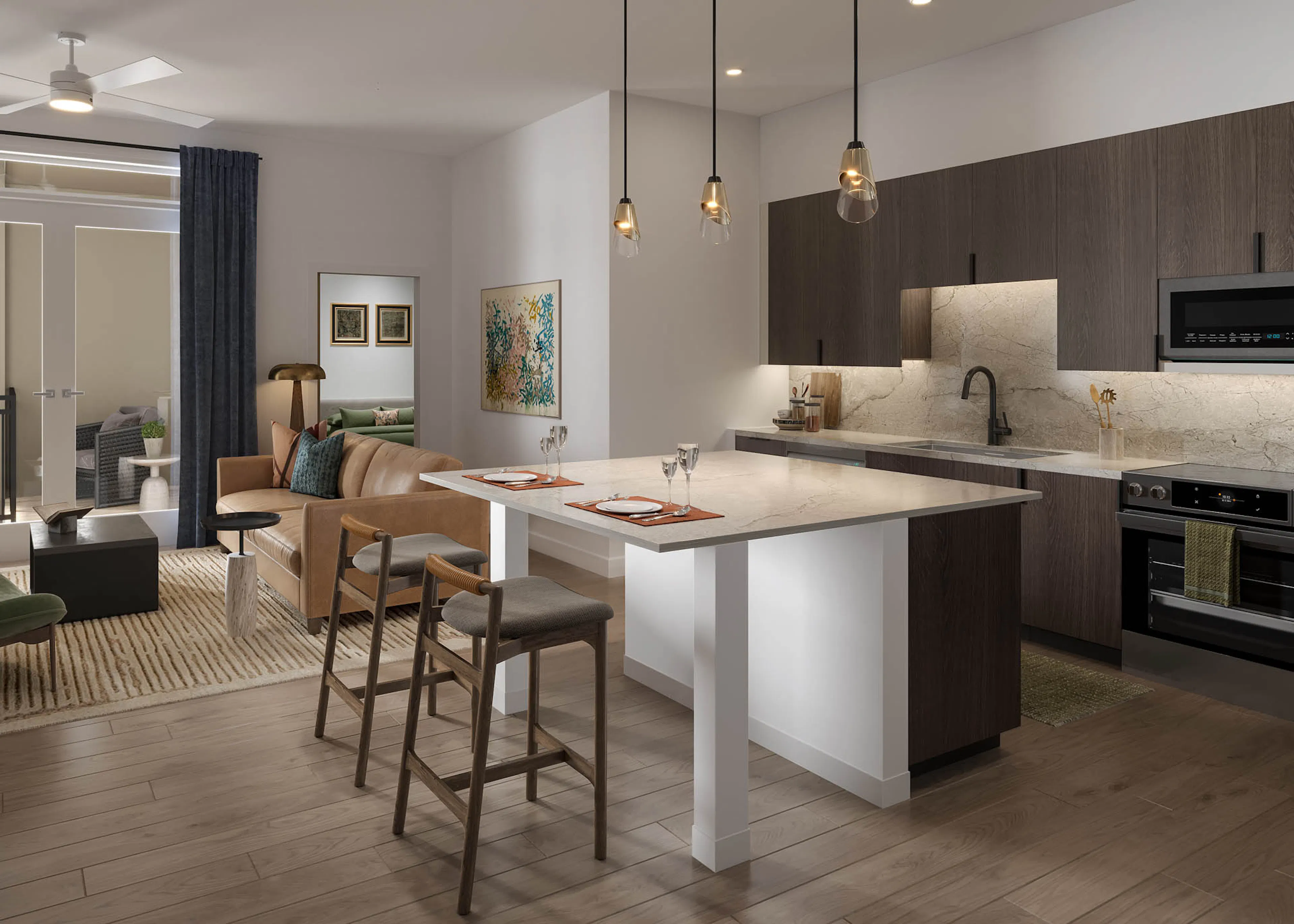 Rendering of apartment at AMLI Treehouse with kitchen and large island with bar top seating and living room with couch and chair and coffee table
