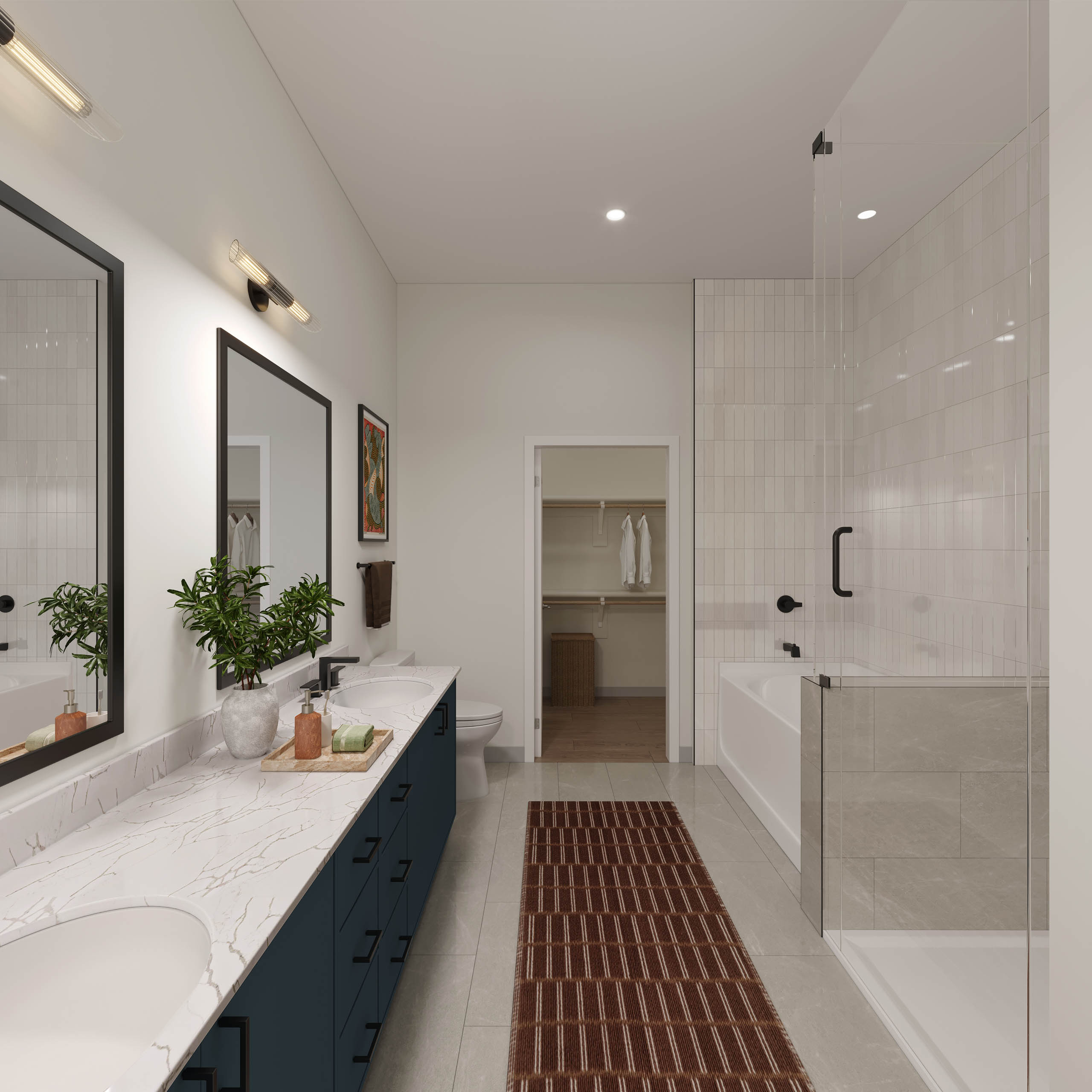 Rendering of bathroom at AMLI Treehouse with large vanity with double sinks, mirror, glass framed shower, and view of the closet