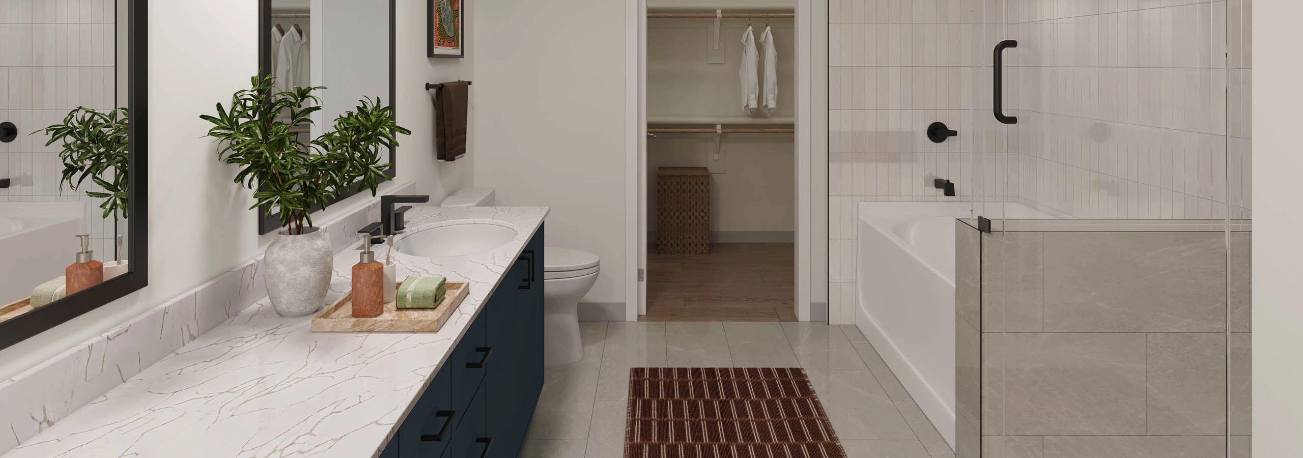 Rendering of bathroom at AMLI Treehouse with large vanity with double sinks, mirror, glass framed shower, and view of the closet