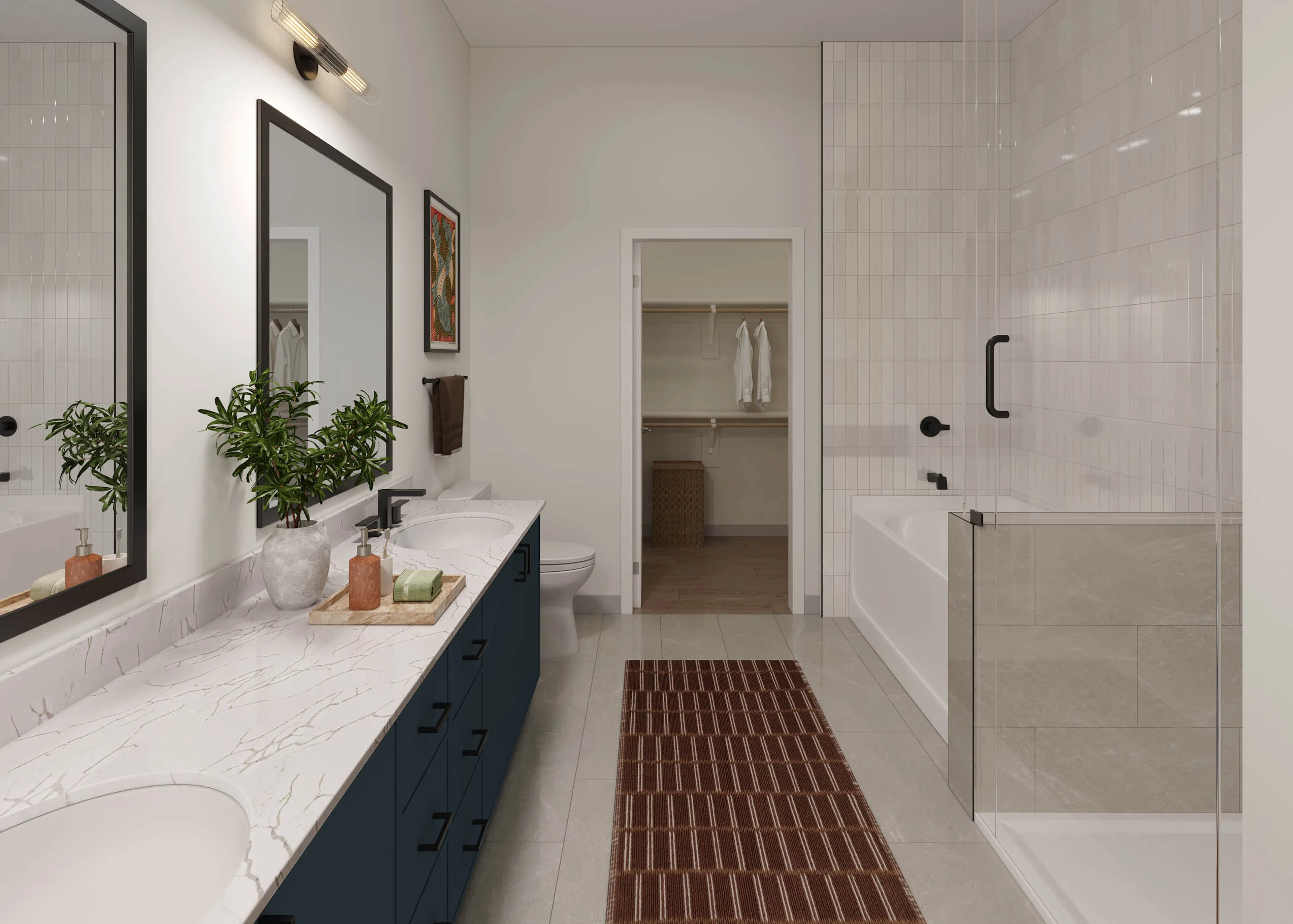 Rendering of bathroom at AMLI Treehouse with large vanity with double sinks, mirror, glass framed shower, and view of the closet