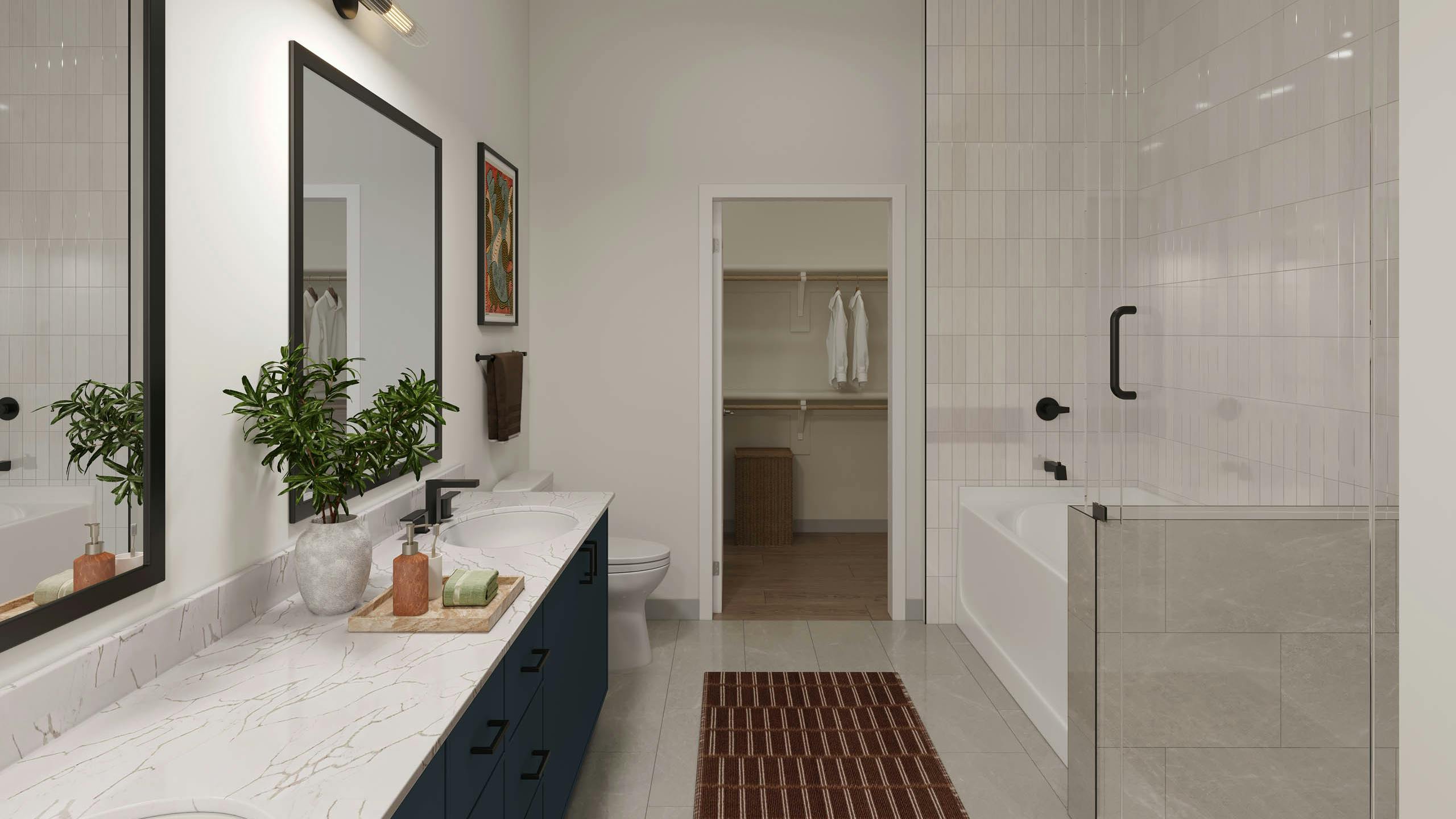 Rendering of bathroom at AMLI Treehouse with large vanity with double sinks, mirror, glass framed shower, and view of the closet
