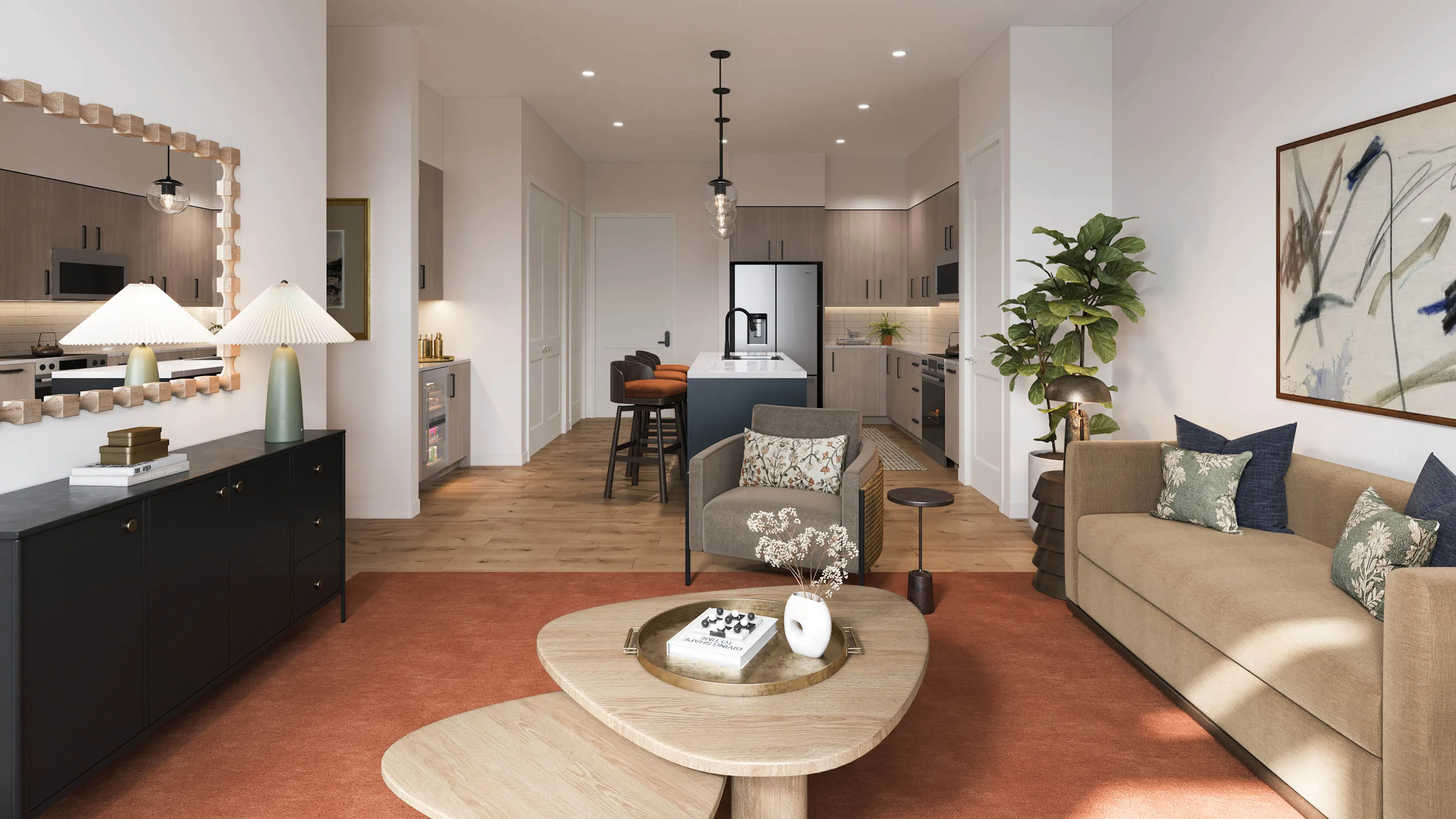 Rendering of living room and kitchen at AMLI Treehouse with earth tone colors,  couch with coffee table, and island kitchen 