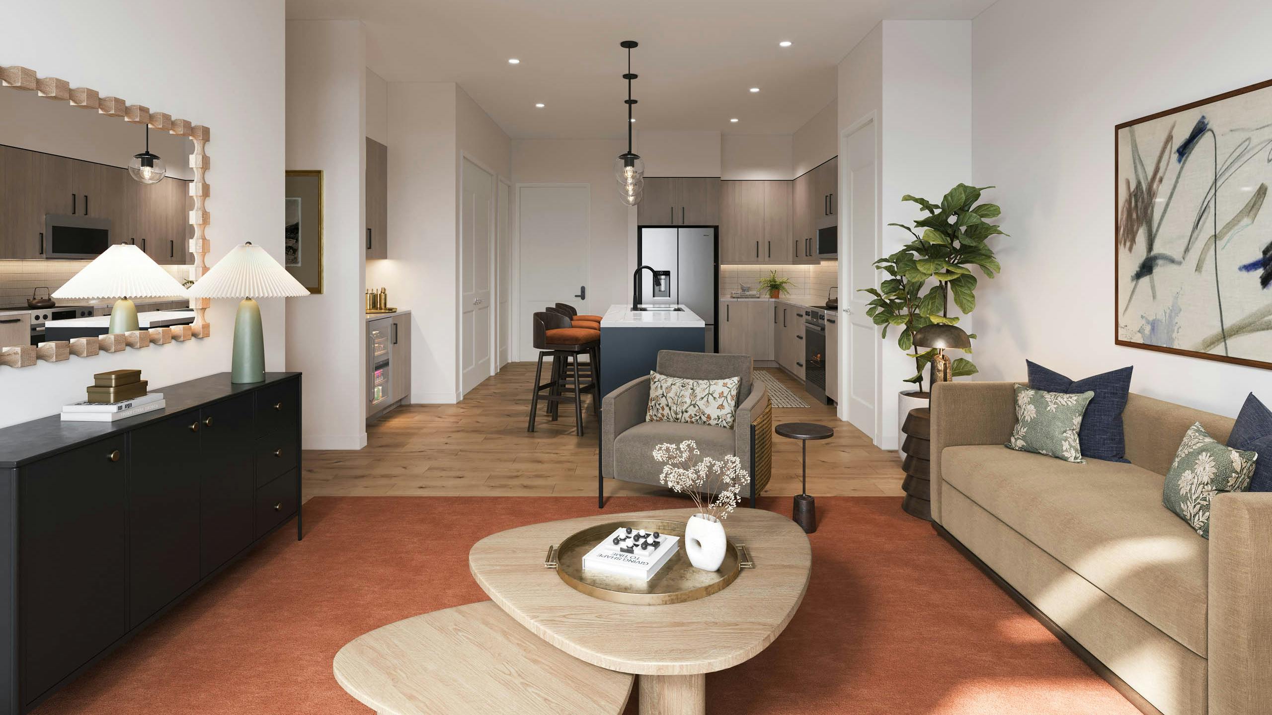 Rendering of living room and kitchen at AMLI Treehouse with earth tone colors,  couch with coffee table, and island kitchen