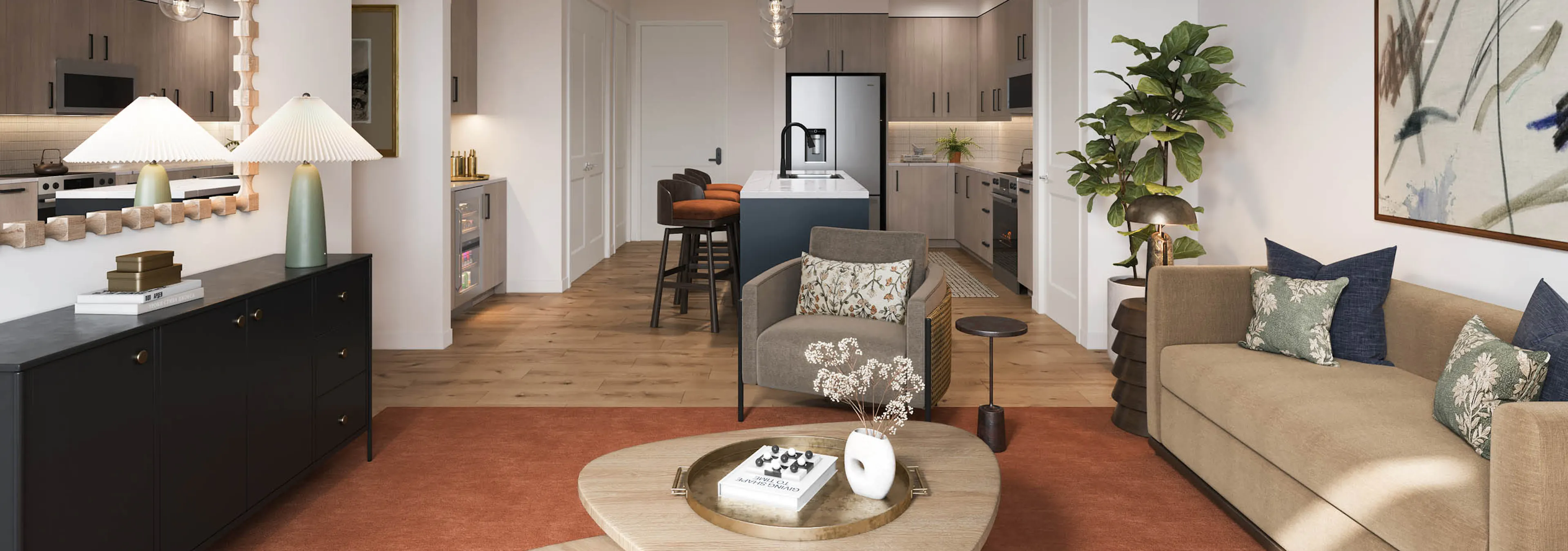 Rendering of living room and kitchen at AMLI Treehouse with earth tone colors,  couch with coffee table, and island kitchen 